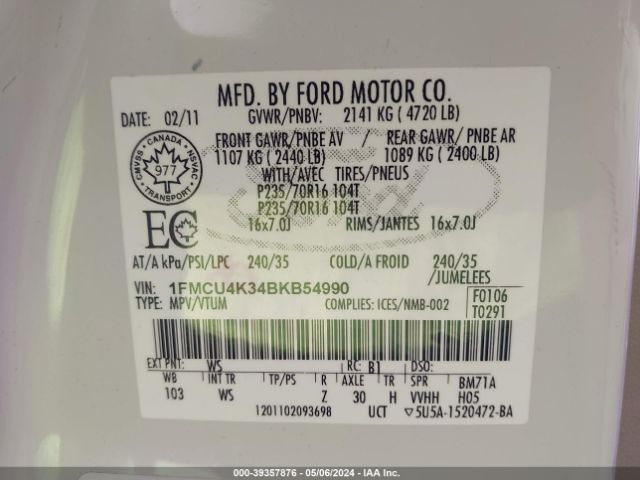 Photo 8 VIN: 1FMCU4K34BKB54990 - FORD ESCAPE HYBRID 