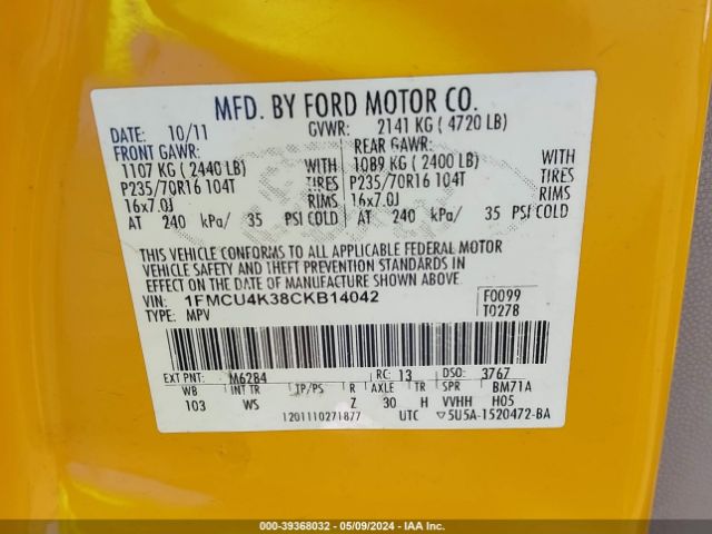 Photo 8 VIN: 1FMCU4K38CKB14042 - FORD ESCAPE HYBRID 