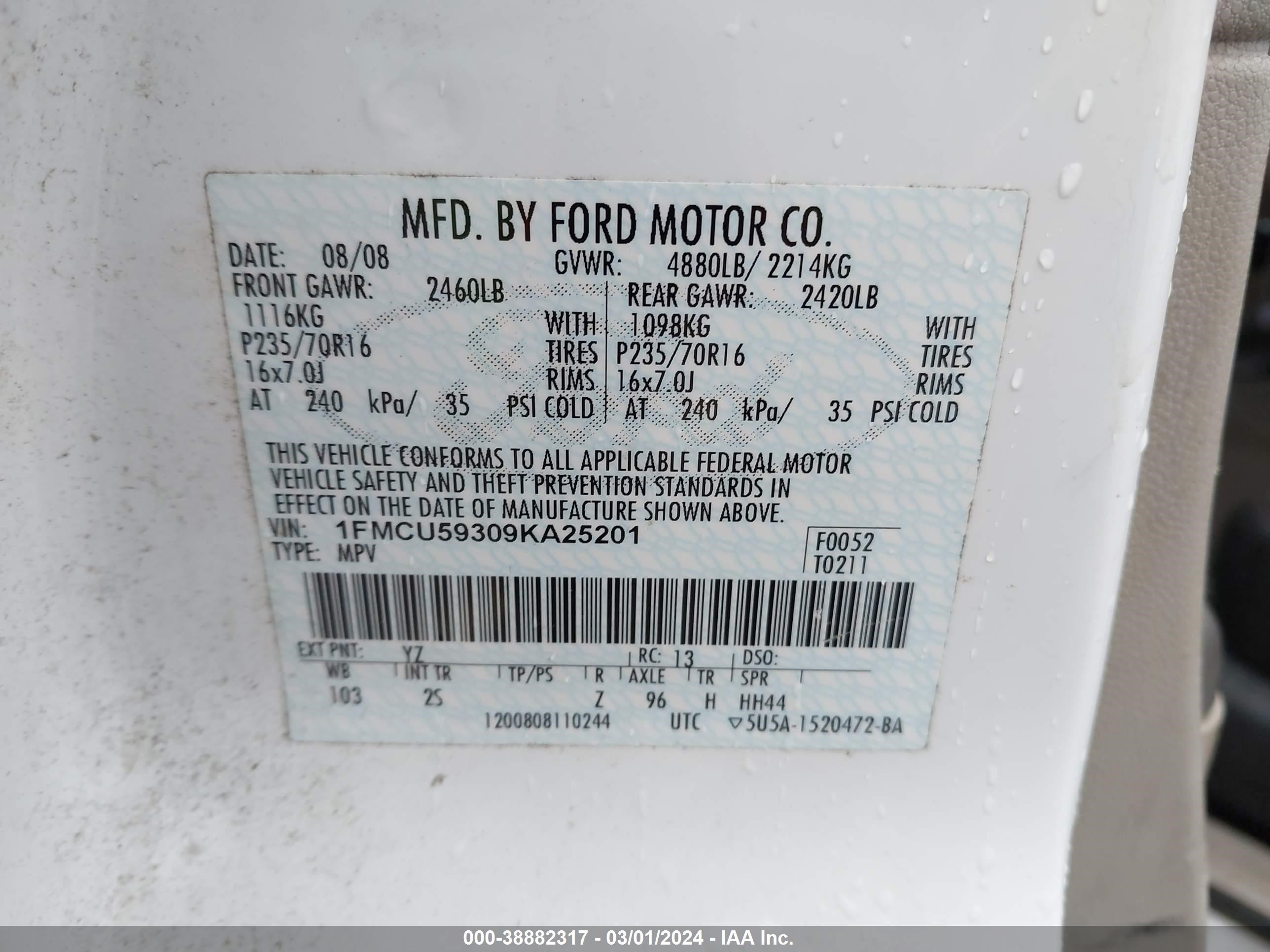 Photo 8 VIN: 1FMCU59309KA25201 - FORD ESCAPE 