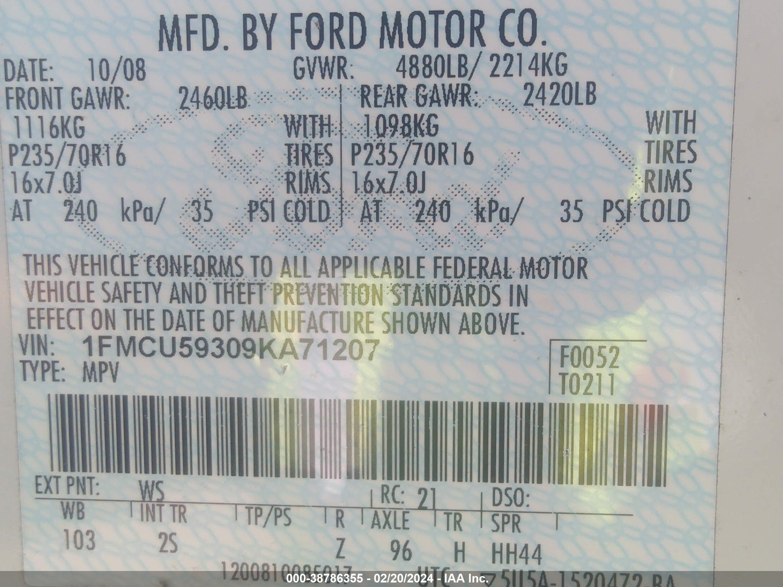 Photo 8 VIN: 1FMCU59309KA71207 - FORD ESCAPE 