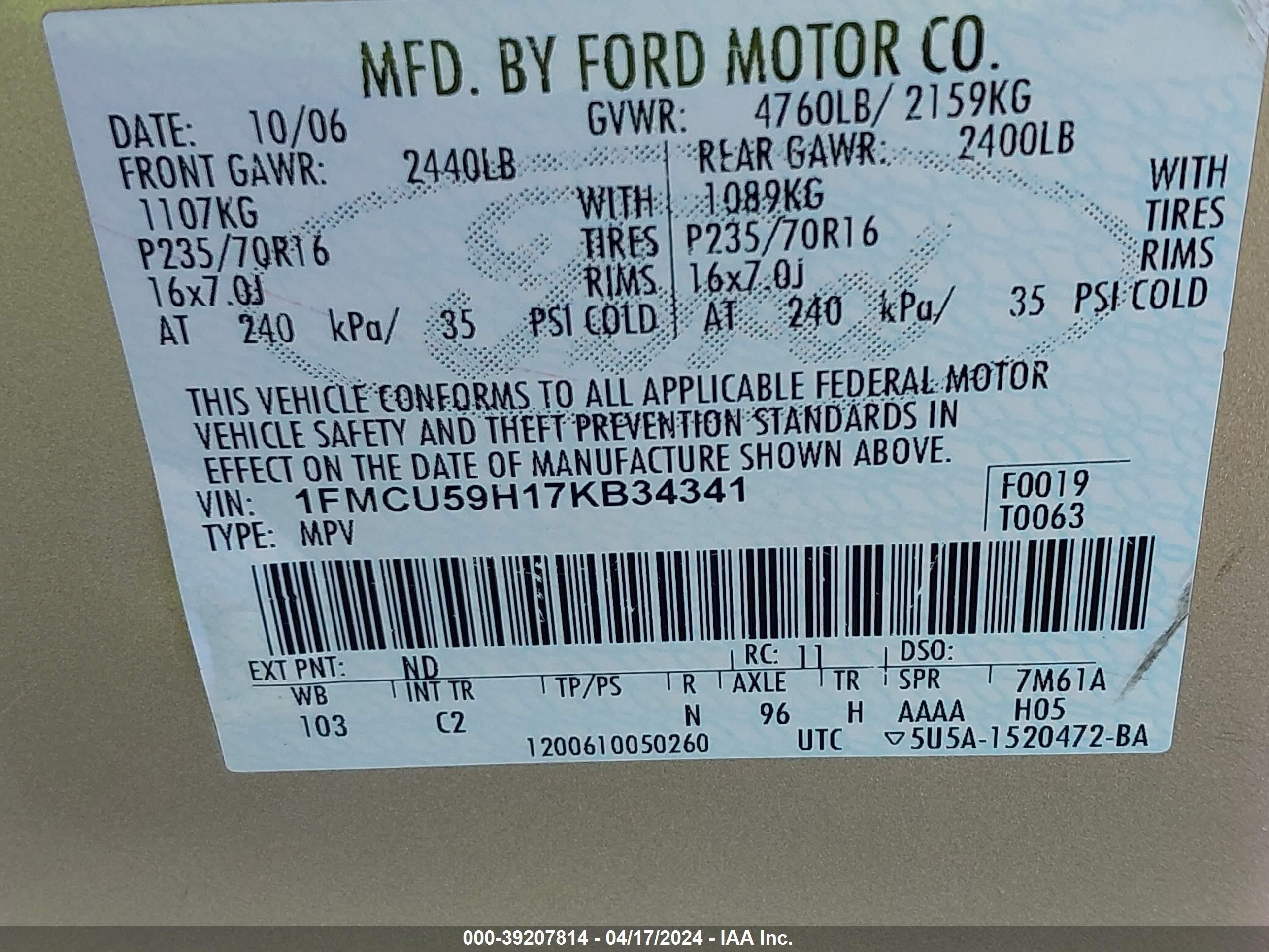 Photo 8 VIN: 1FMCU59H17KB34341 - FORD ESCAPE 