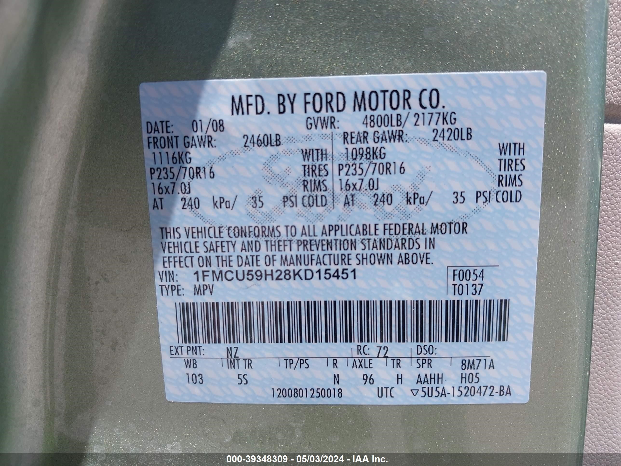 Photo 8 VIN: 1FMCU59H28KD15451 - FORD ESCAPE 