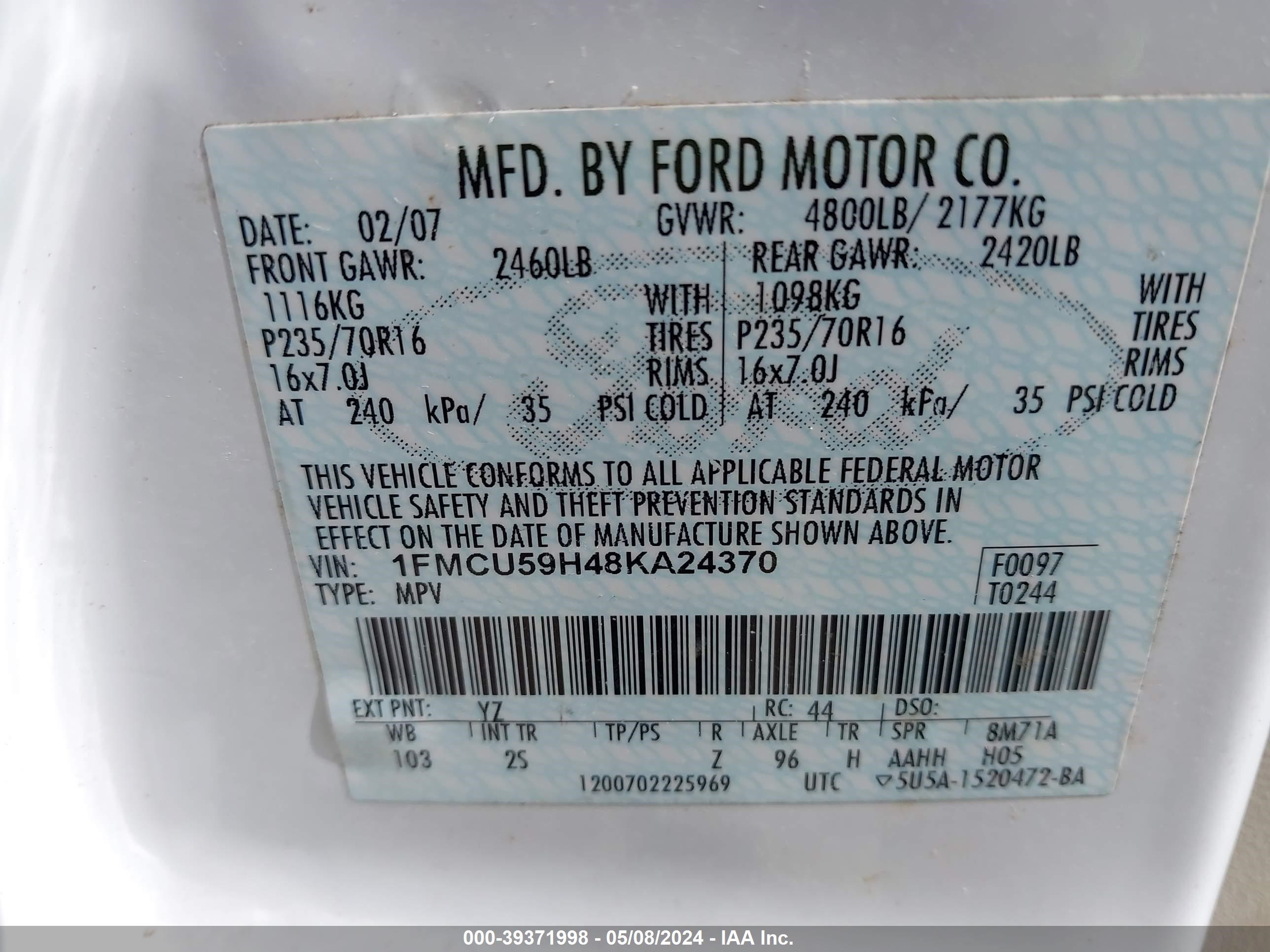 Photo 8 VIN: 1FMCU59H48KA24370 - FORD ESCAPE 