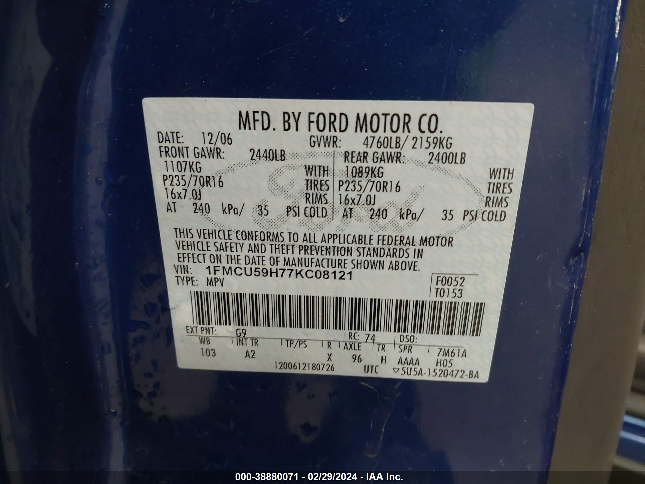 Photo 8 VIN: 1FMCU59H77KC08121 - FORD ESCAPE 