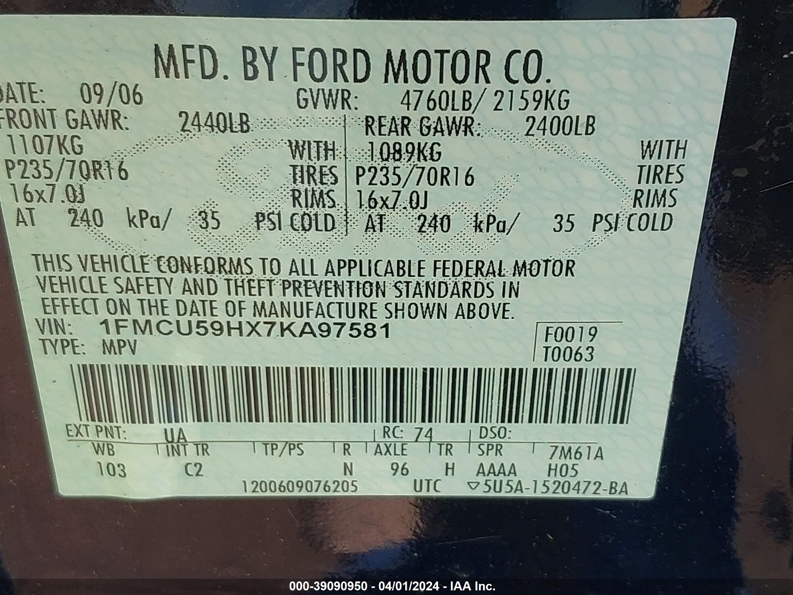 Photo 8 VIN: 1FMCU59HX7KA97581 - FORD ESCAPE 