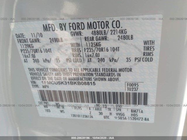 Photo 8 VIN: 1FMCU5K31BKB08815 - FORD ESCAPE 