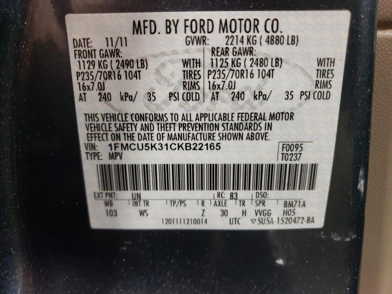 Photo 11 VIN: 1FMCU5K31CKB22165 - FORD ESCAPE 