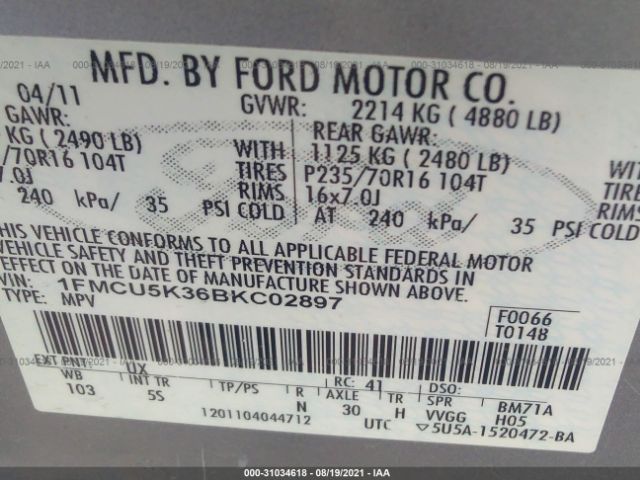 Photo 8 VIN: 1FMCU5K36BKC02897 - FORD ESCAPE 