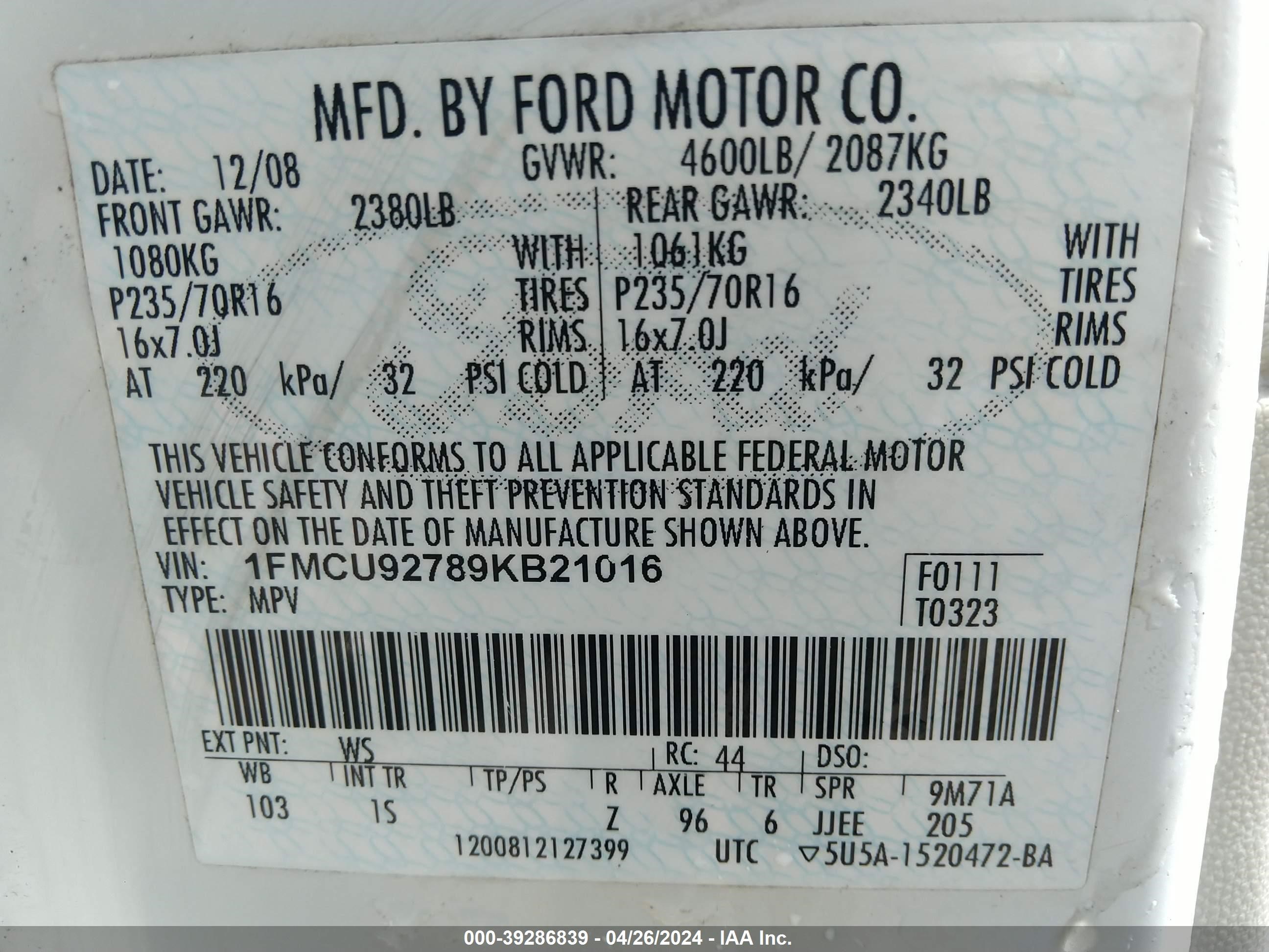 Photo 8 VIN: 1FMCU92789KB21016 - FORD ESCAPE 