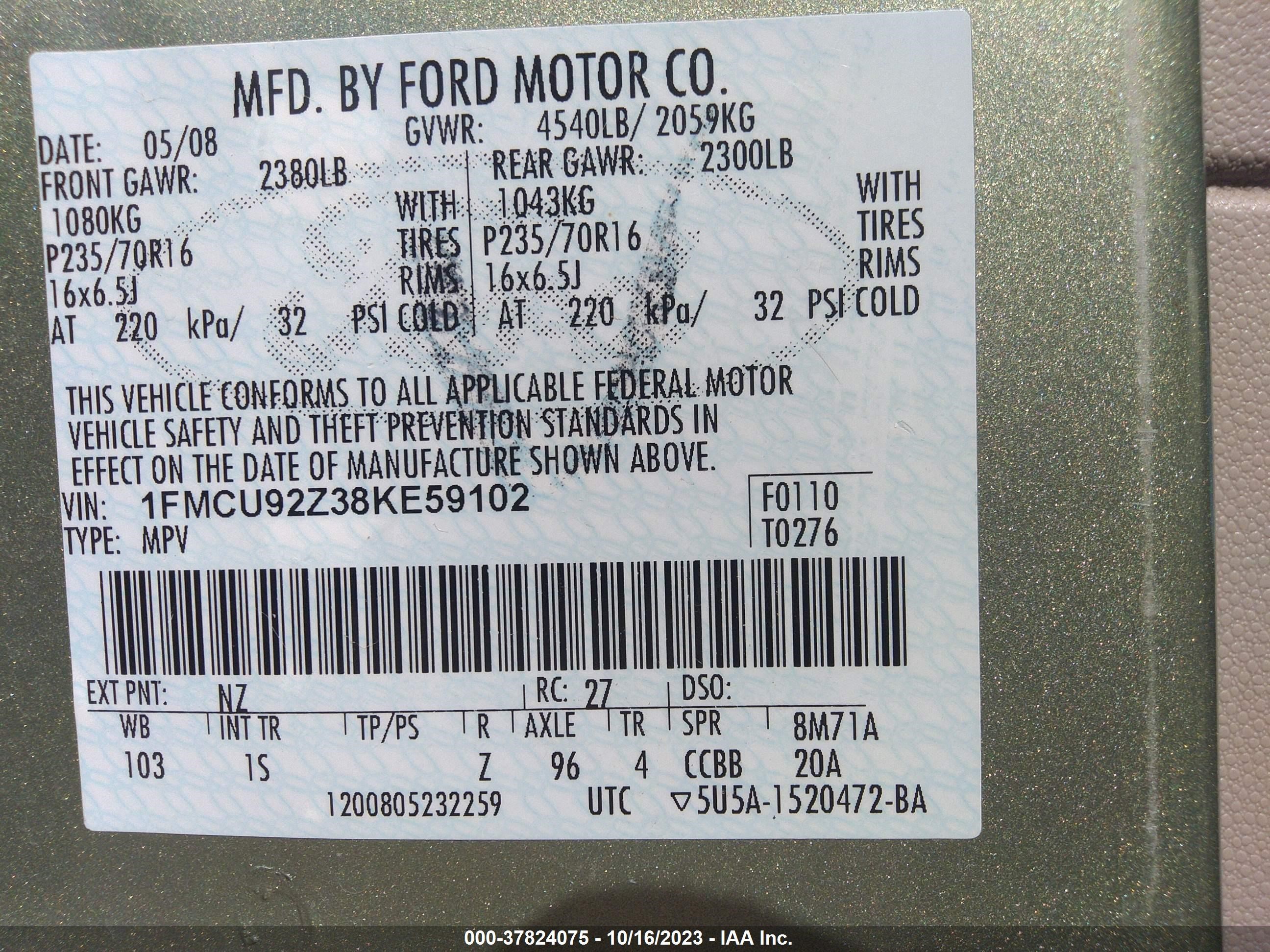 Photo 8 VIN: 1FMCU92Z38KE59102 - FORD ESCAPE 