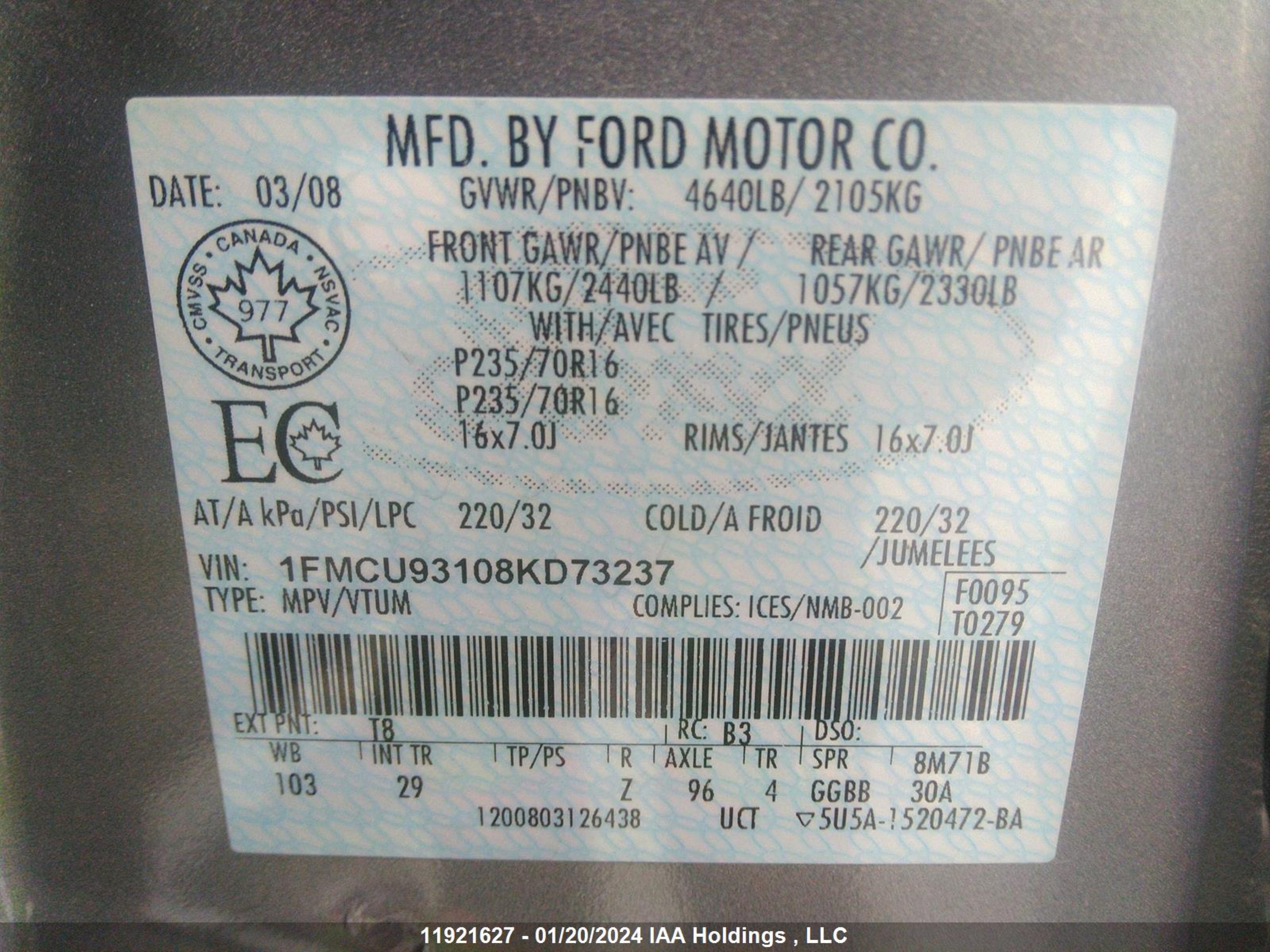 Photo 11 VIN: 1FMCU93108KD73237 - FORD ESCAPE 