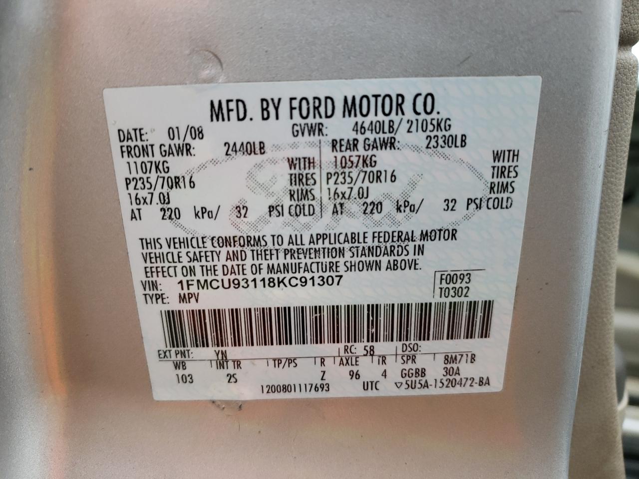 Photo 12 VIN: 1FMCU93118KC91307 - FORD ESCAPE 