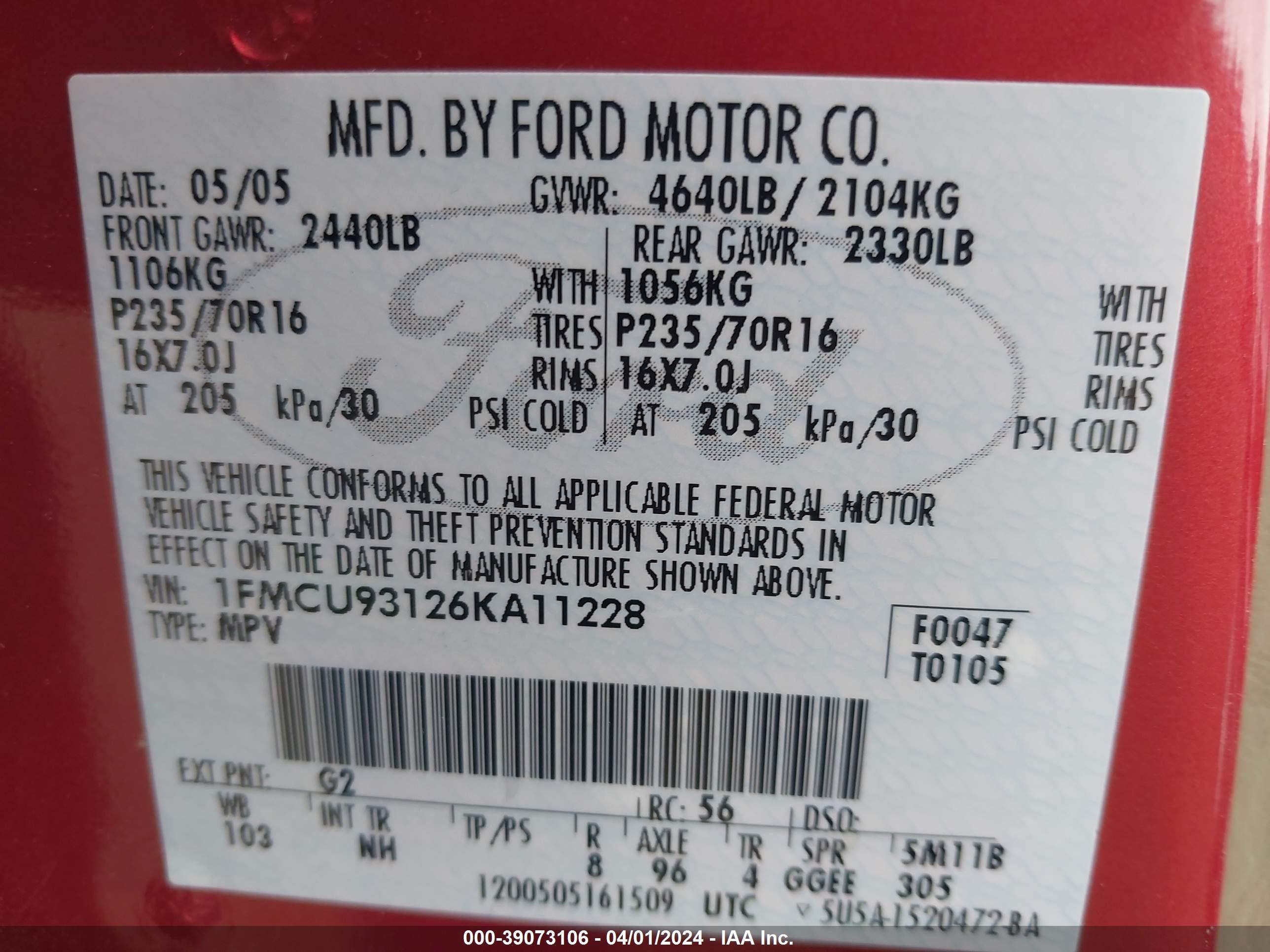 Photo 8 VIN: 1FMCU93126KA11228 - FORD ESCAPE 