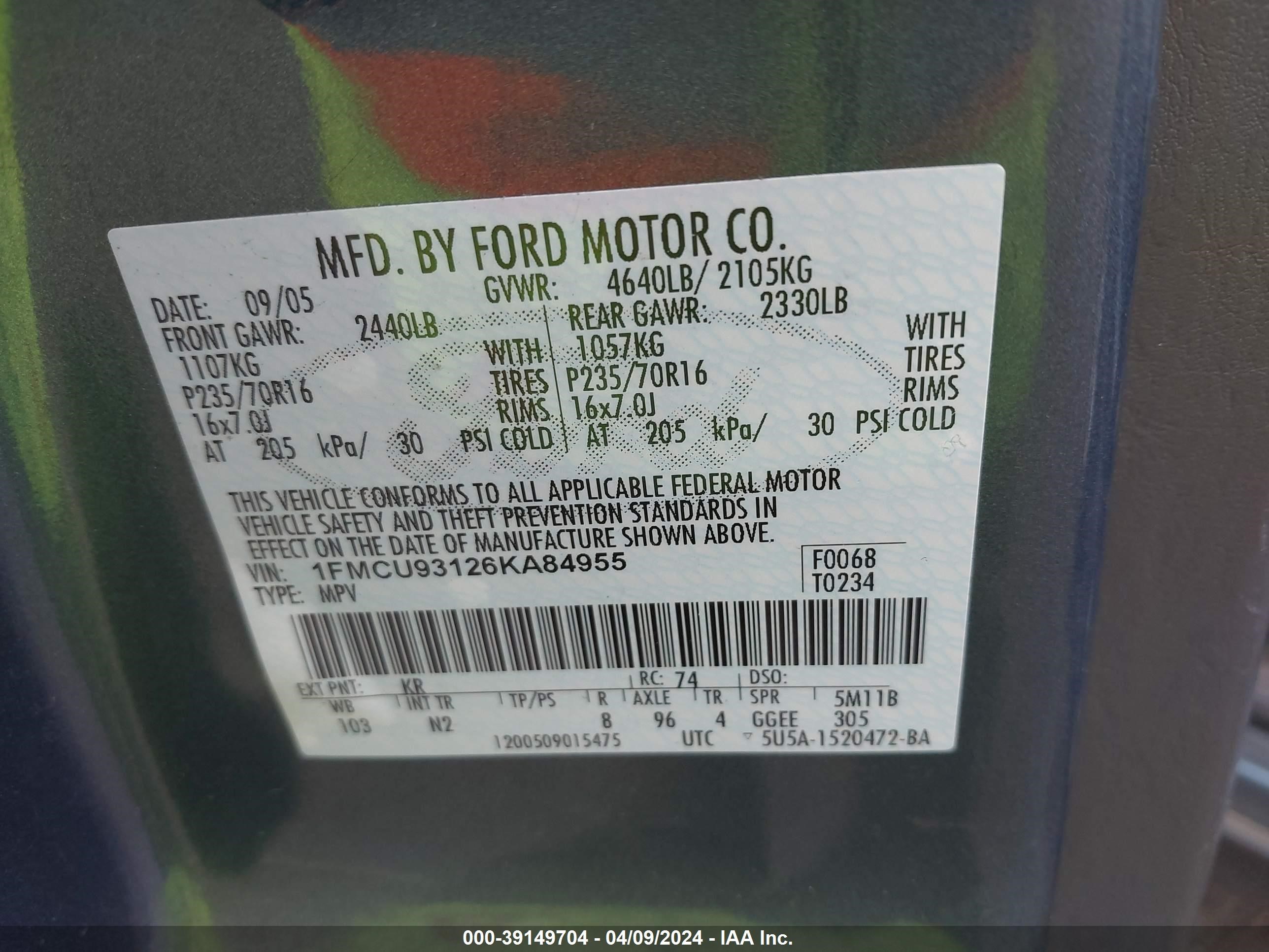 Photo 8 VIN: 1FMCU93126KA84955 - FORD ESCAPE 