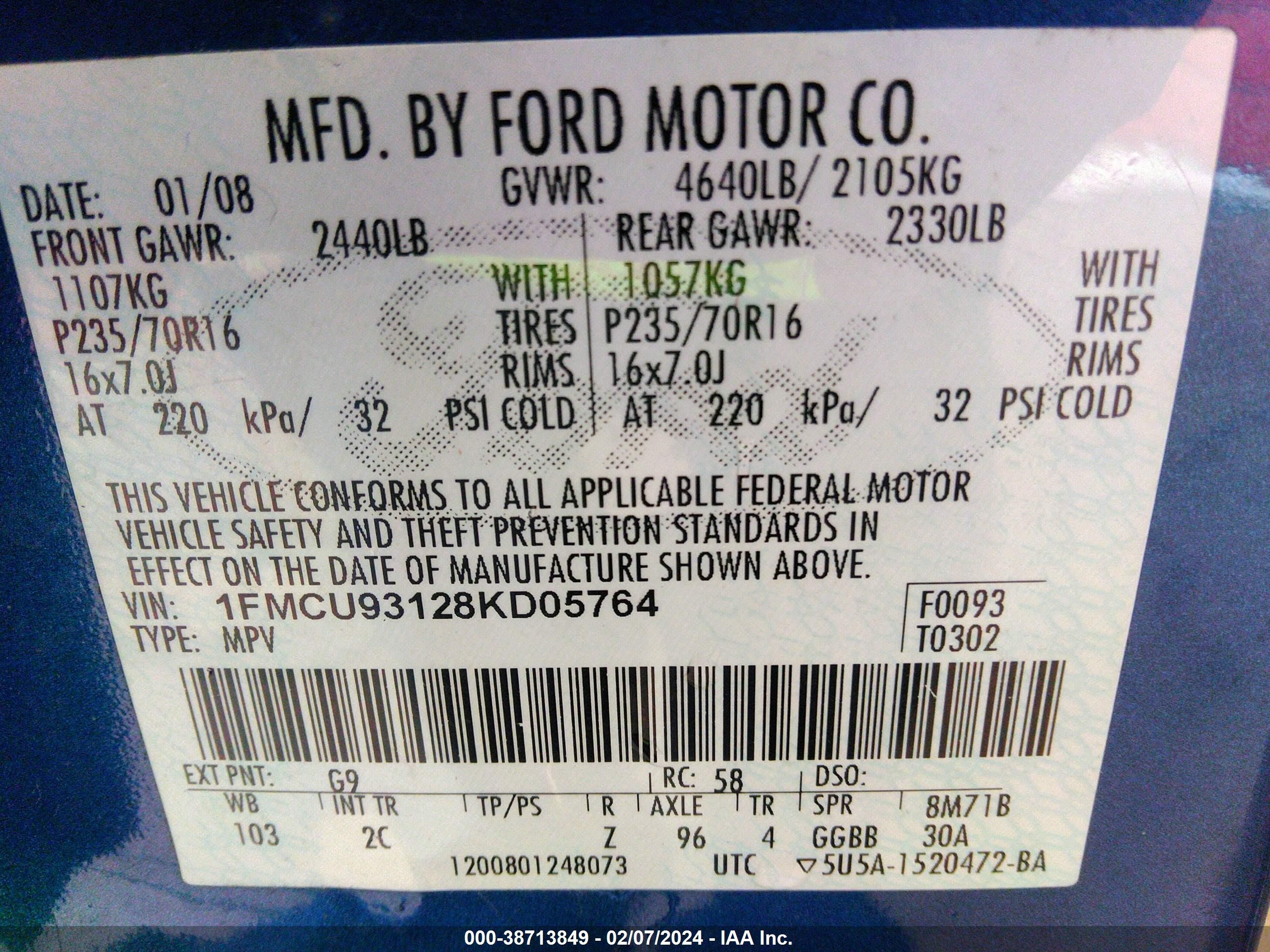 Photo 8 VIN: 1FMCU93128KD05764 - FORD ESCAPE 