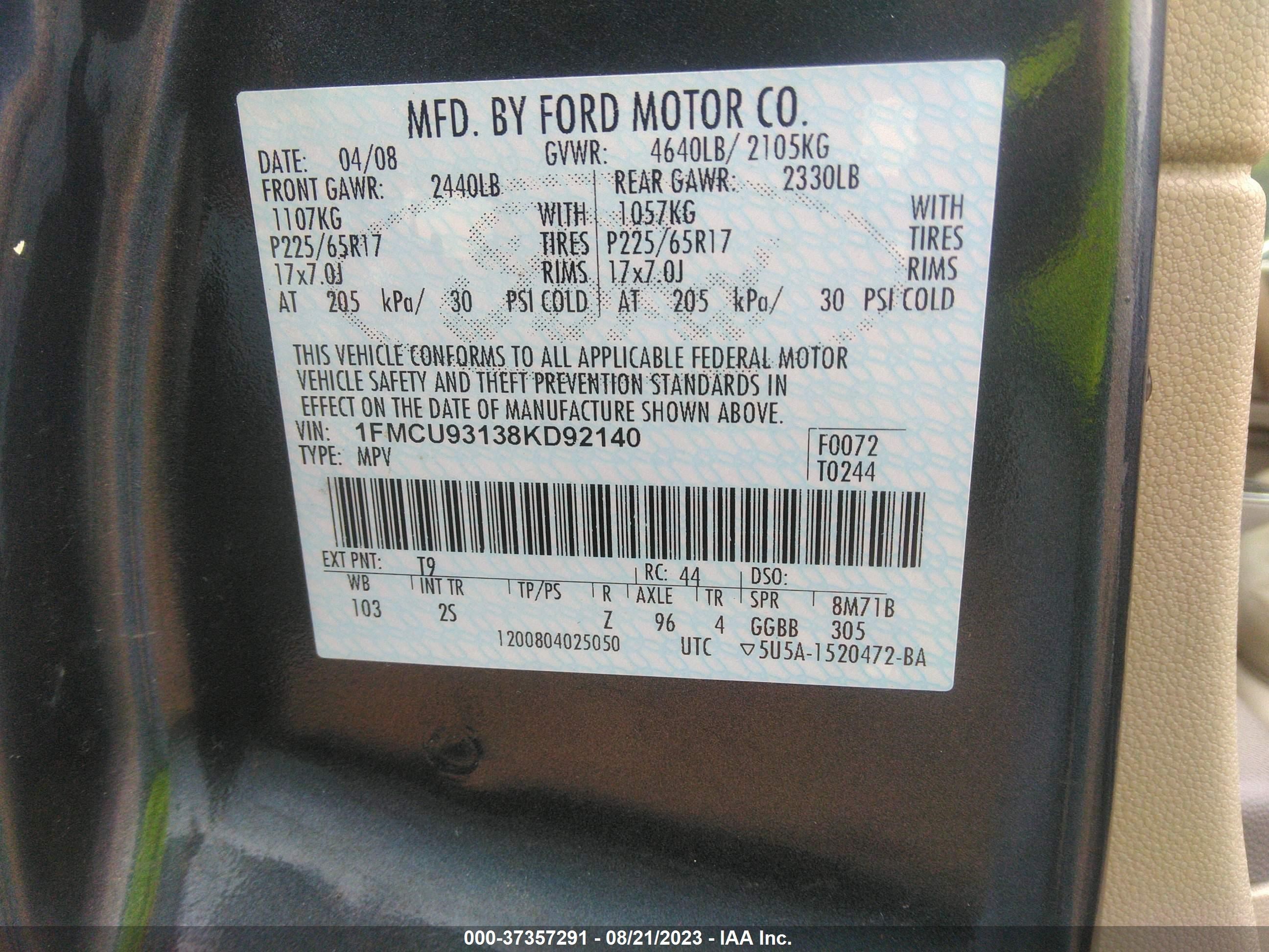 Photo 8 VIN: 1FMCU93138KD92140 - FORD ESCAPE 