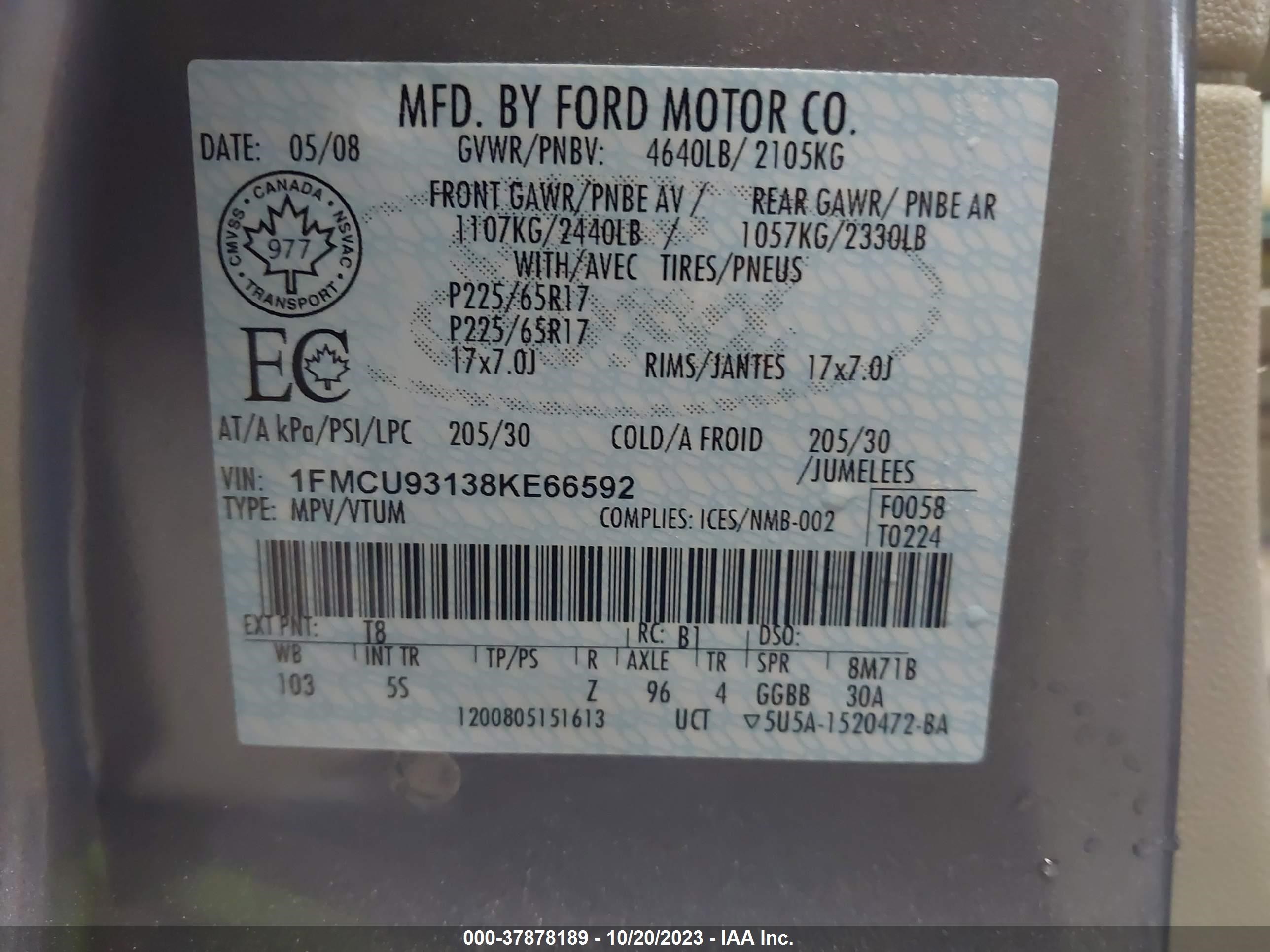 Photo 8 VIN: 1FMCU93138KE66592 - FORD ESCAPE 