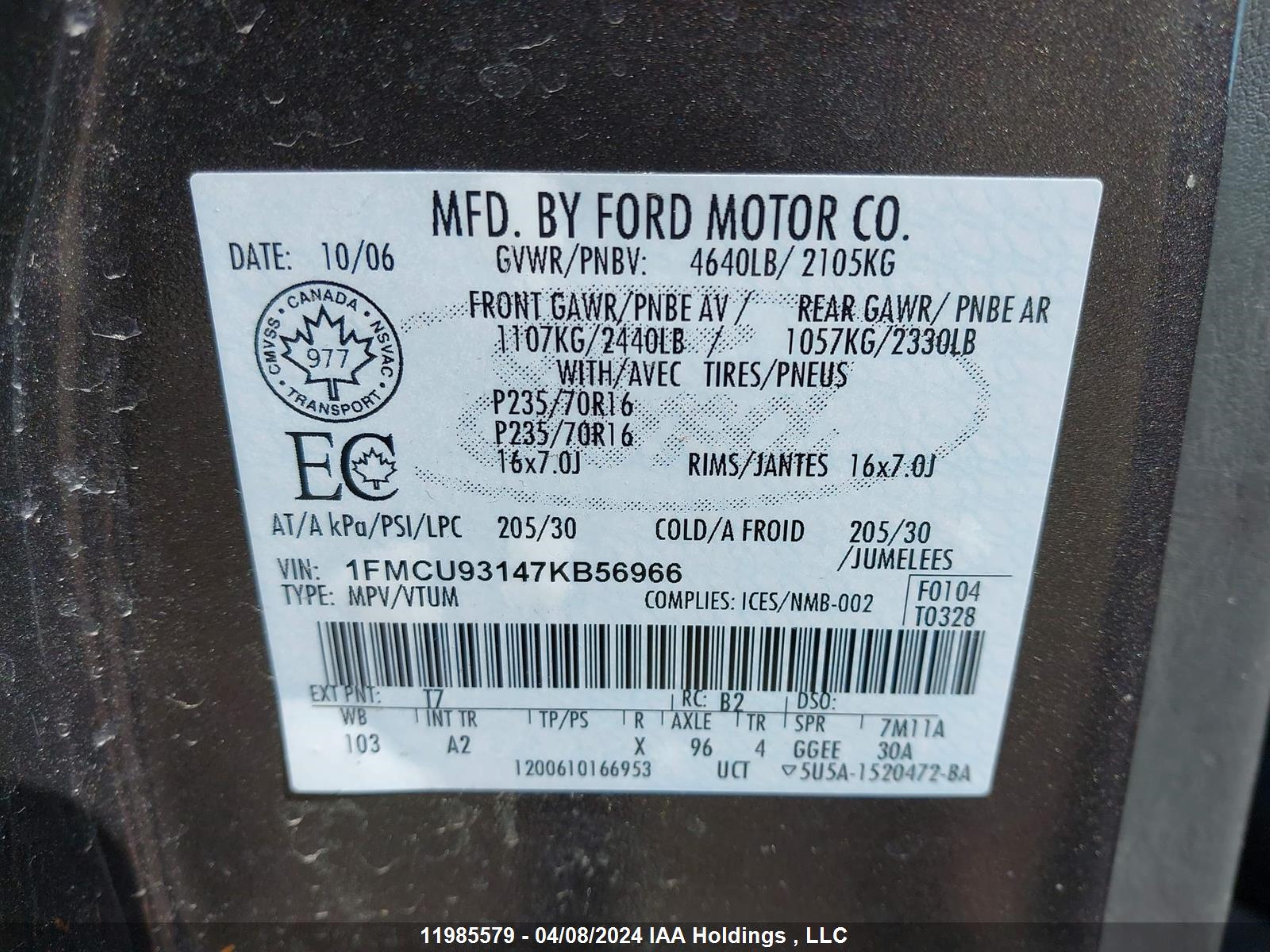 Photo 8 VIN: 1FMCU93147KB56966 - FORD ESCAPE 