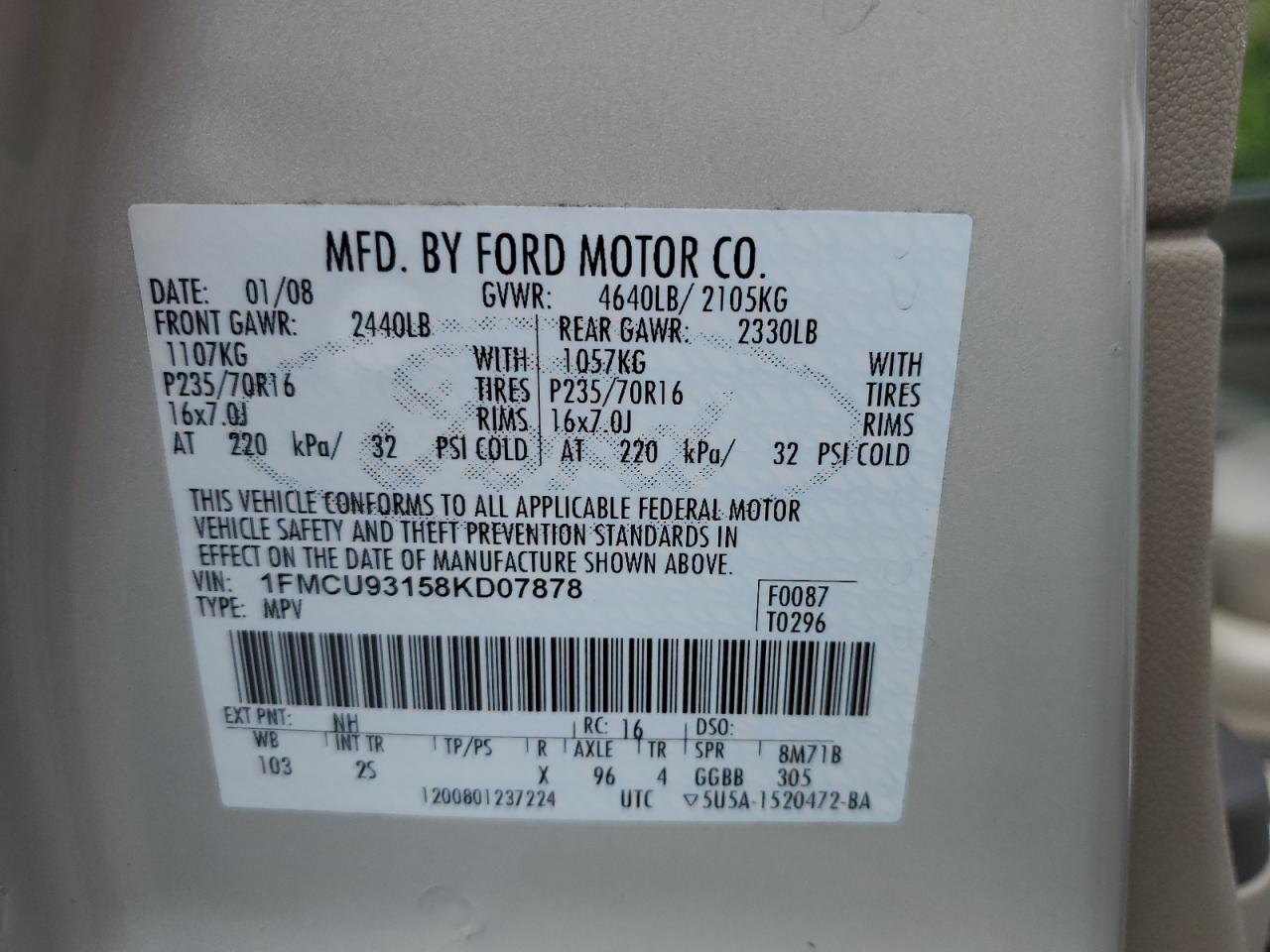 Photo 12 VIN: 1FMCU93158KD07878 - FORD ESCAPE 