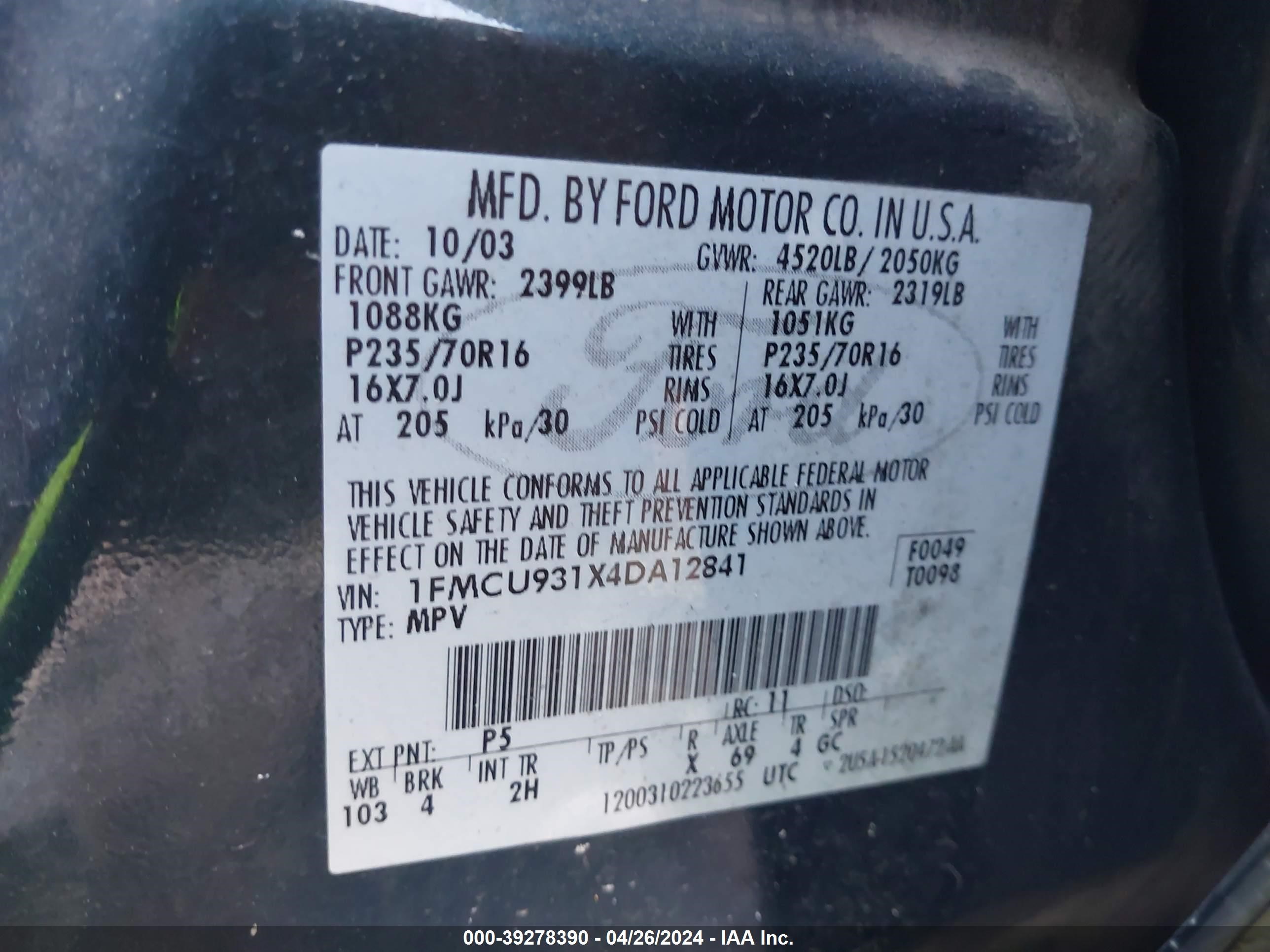 Photo 8 VIN: 1FMCU931X4DA12841 - FORD ESCAPE 