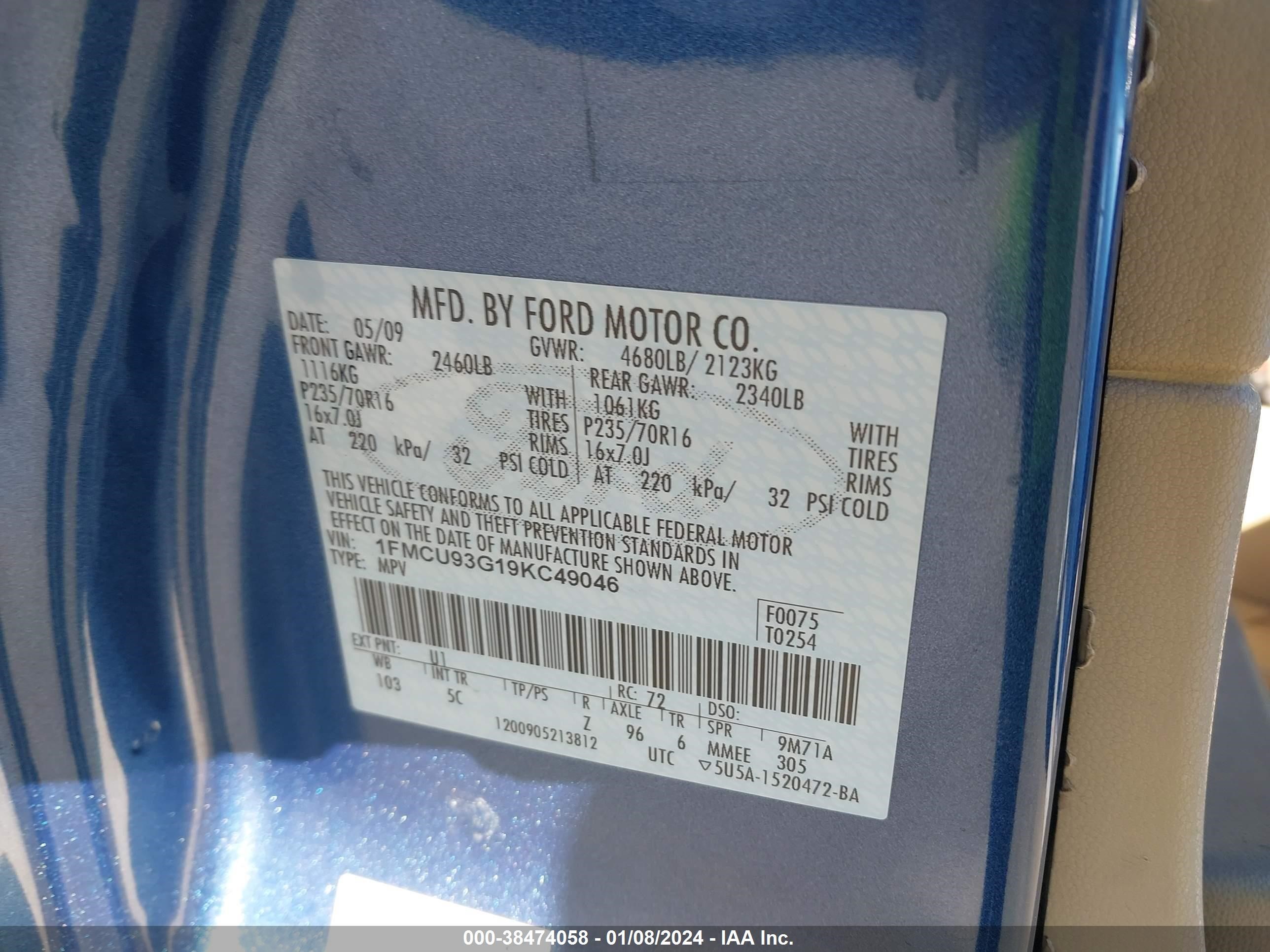 Photo 8 VIN: 1FMCU93G19KC49046 - FORD ESCAPE 