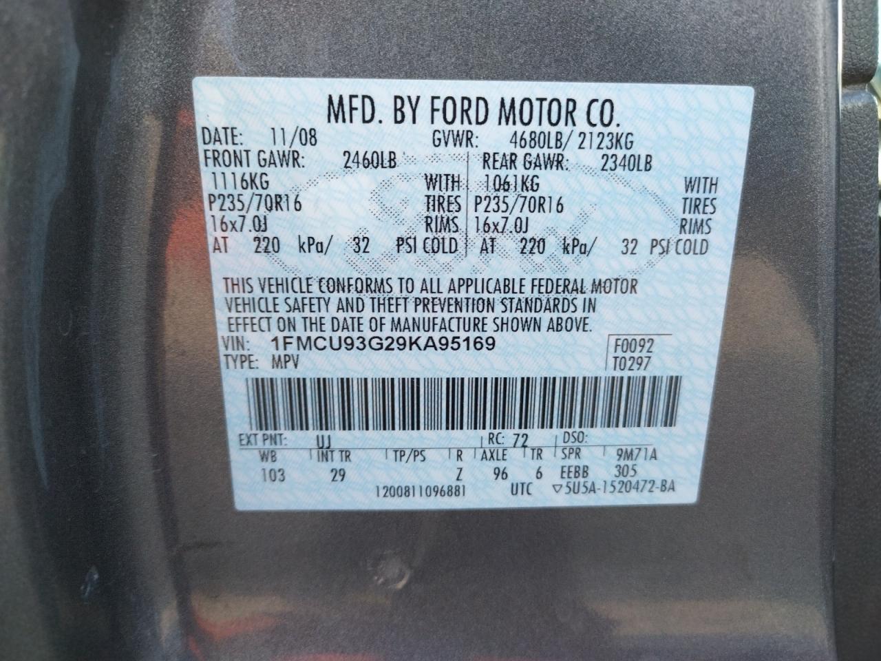 Photo 9 VIN: 1FMCU93G29KA95169 - FORD ESCAPE 