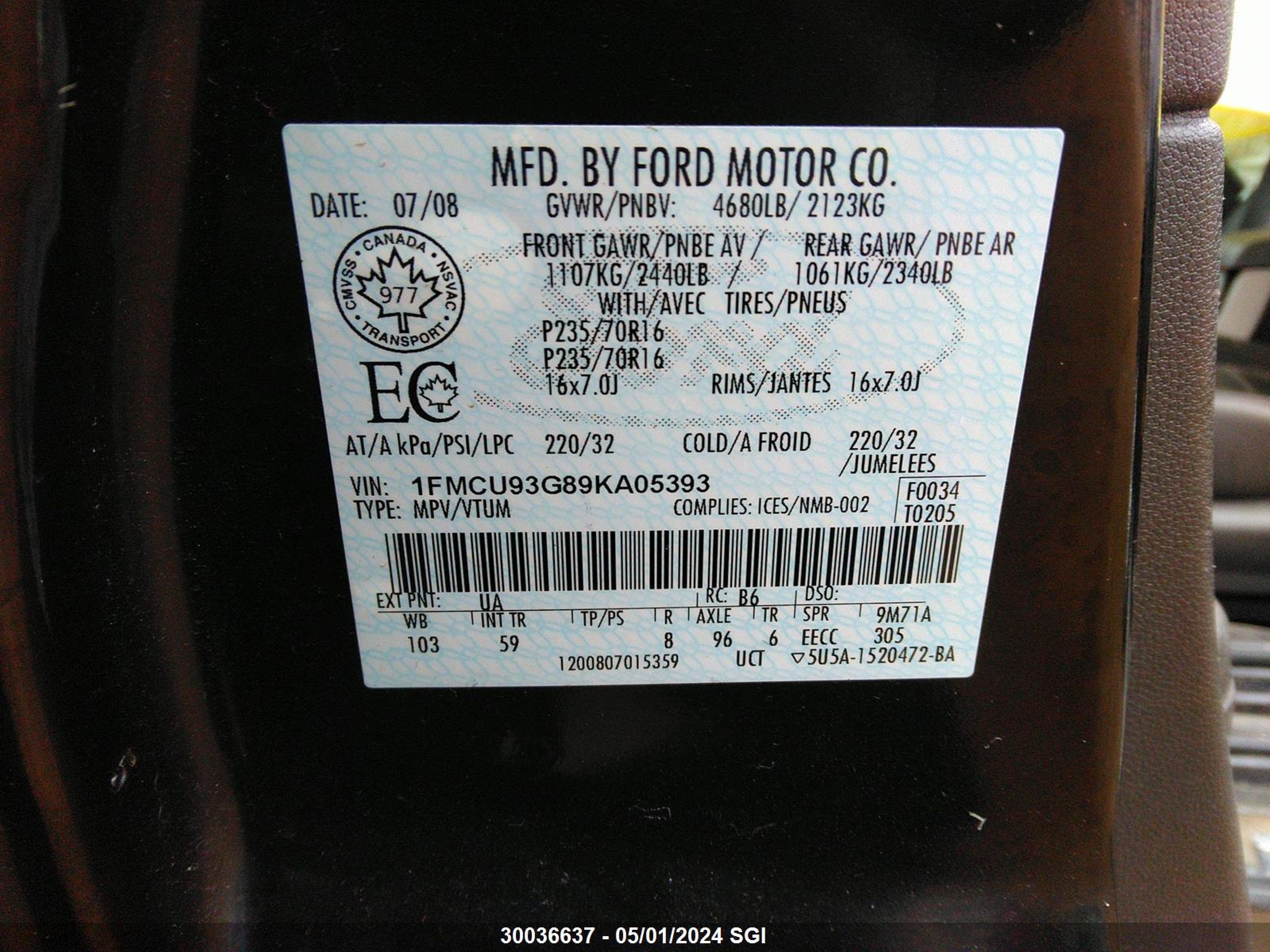 Photo 8 VIN: 1FMCU93G89KA05393 - FORD ESCAPE 