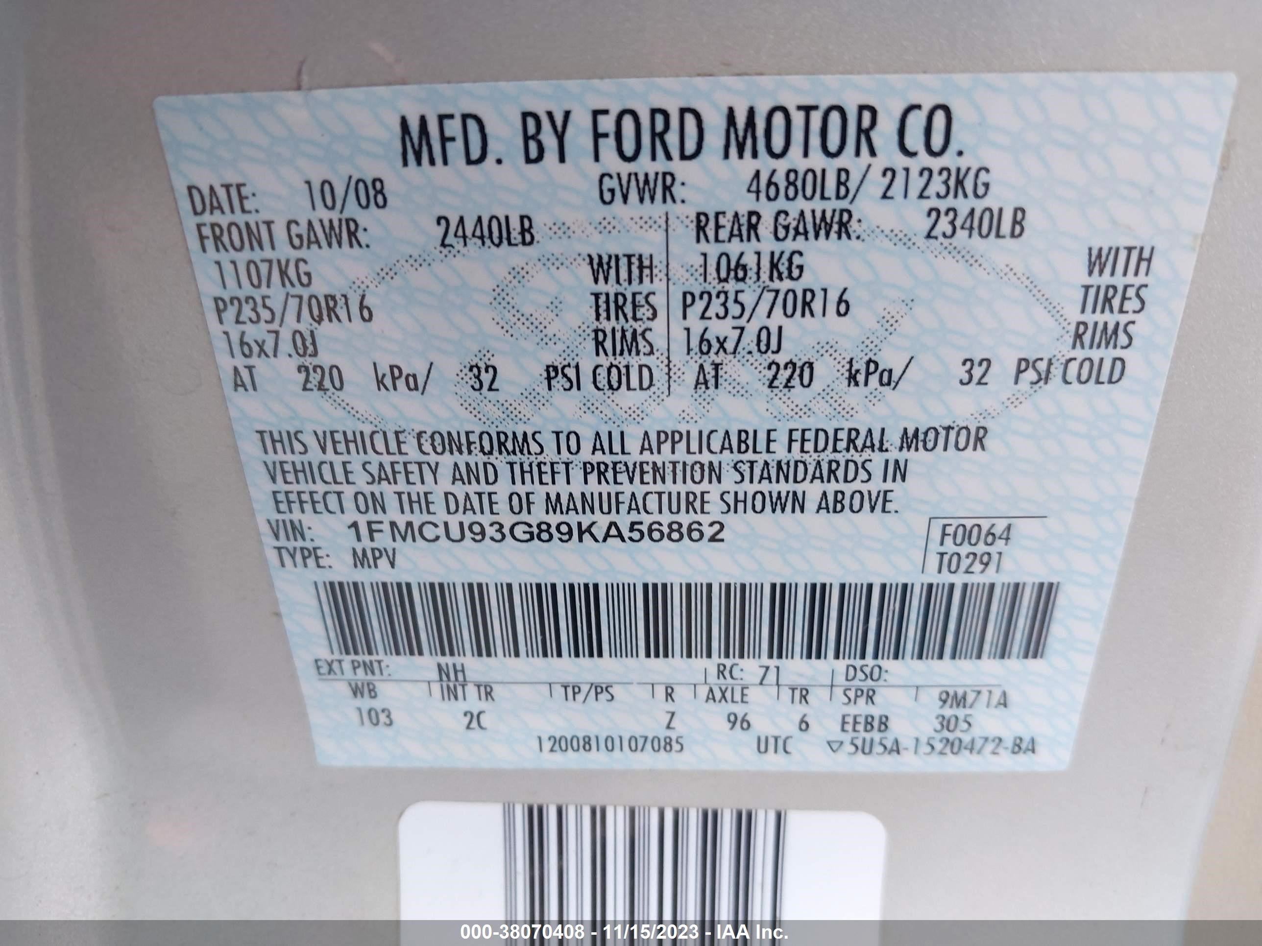 Photo 8 VIN: 1FMCU93G89KA56862 - FORD ESCAPE 