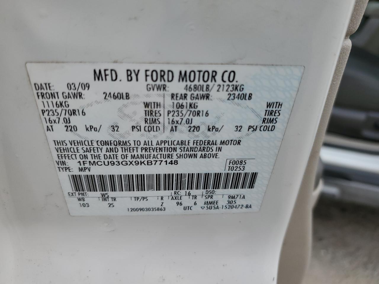 Photo 12 VIN: 1FMCU93GX9KB77148 - FORD ESCAPE 