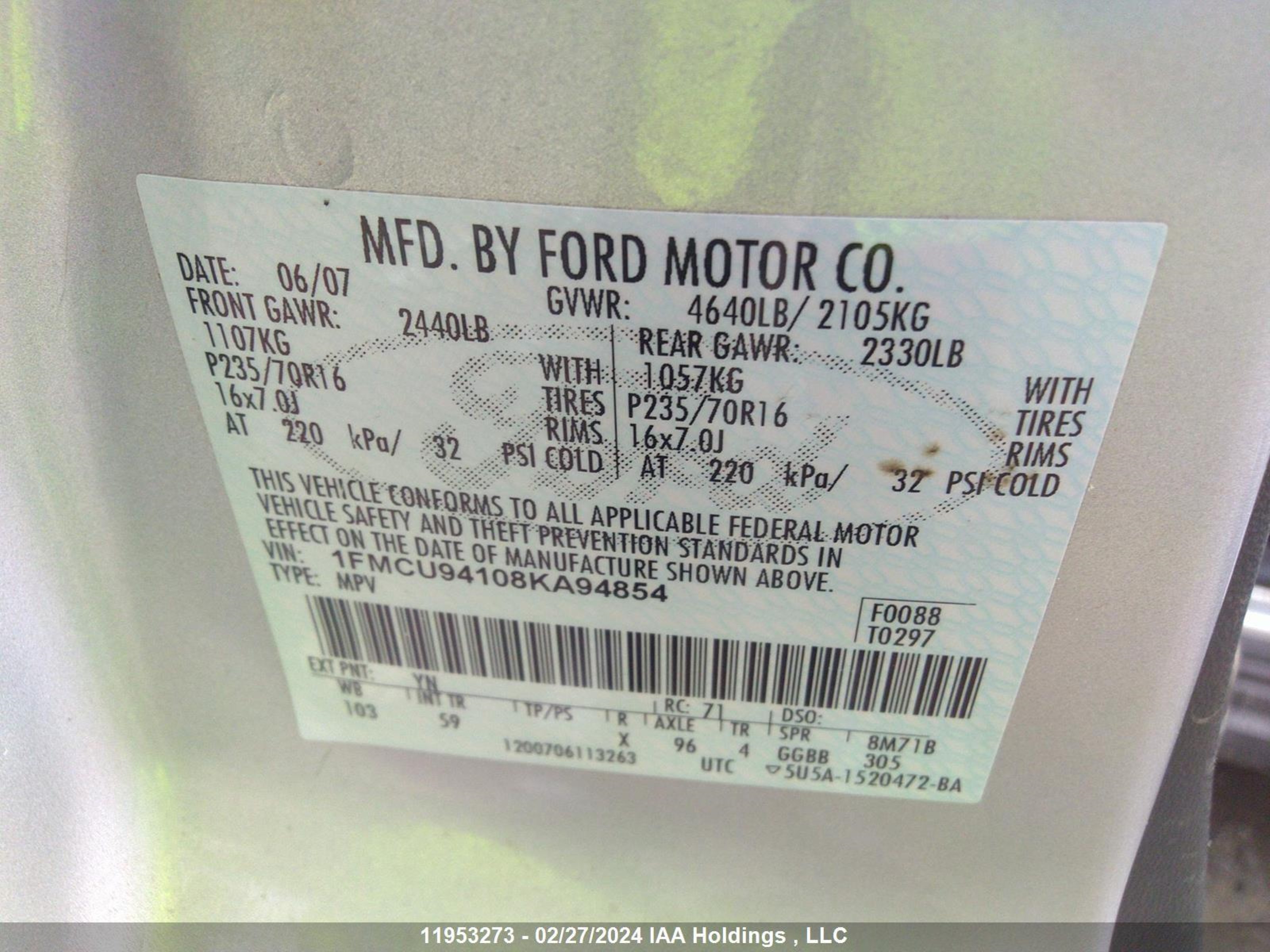 Photo 8 VIN: 1FMCU94108KA94854 - FORD ESCAPE 