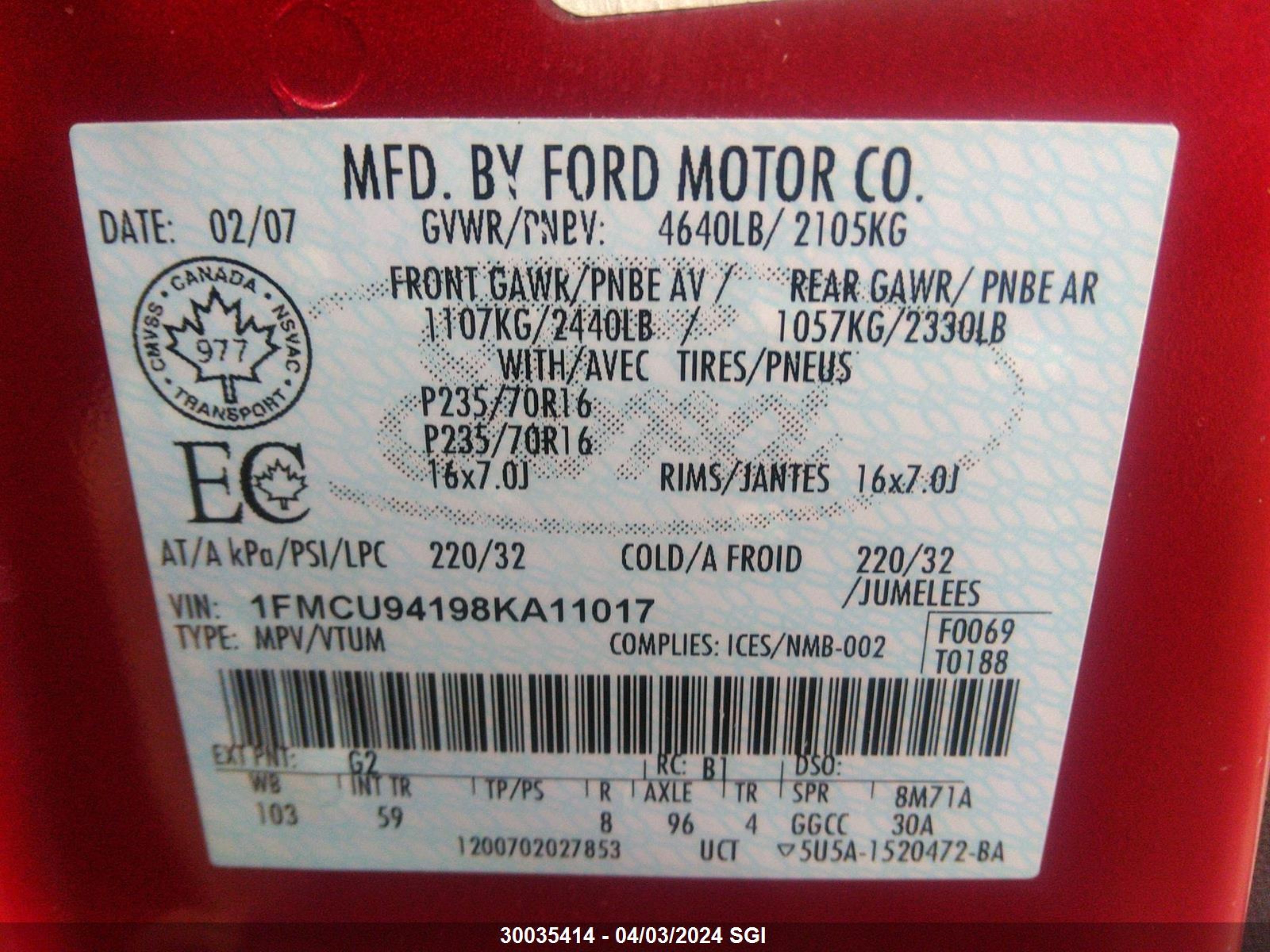 Photo 8 VIN: 1FMCU94198KA11017 - FORD ESCAPE 