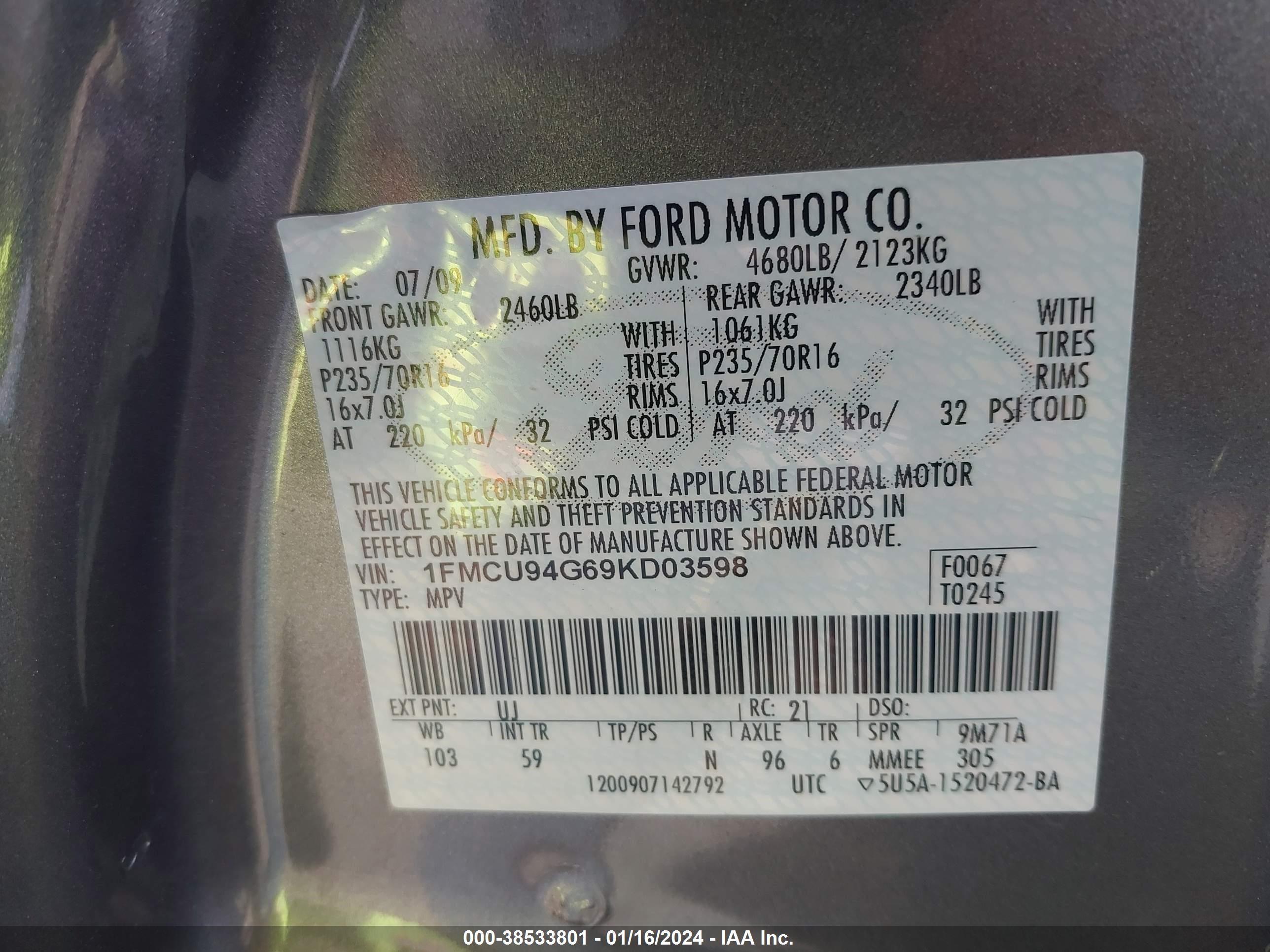 Photo 8 VIN: 1FMCU94G69KD03598 - FORD ESCAPE 