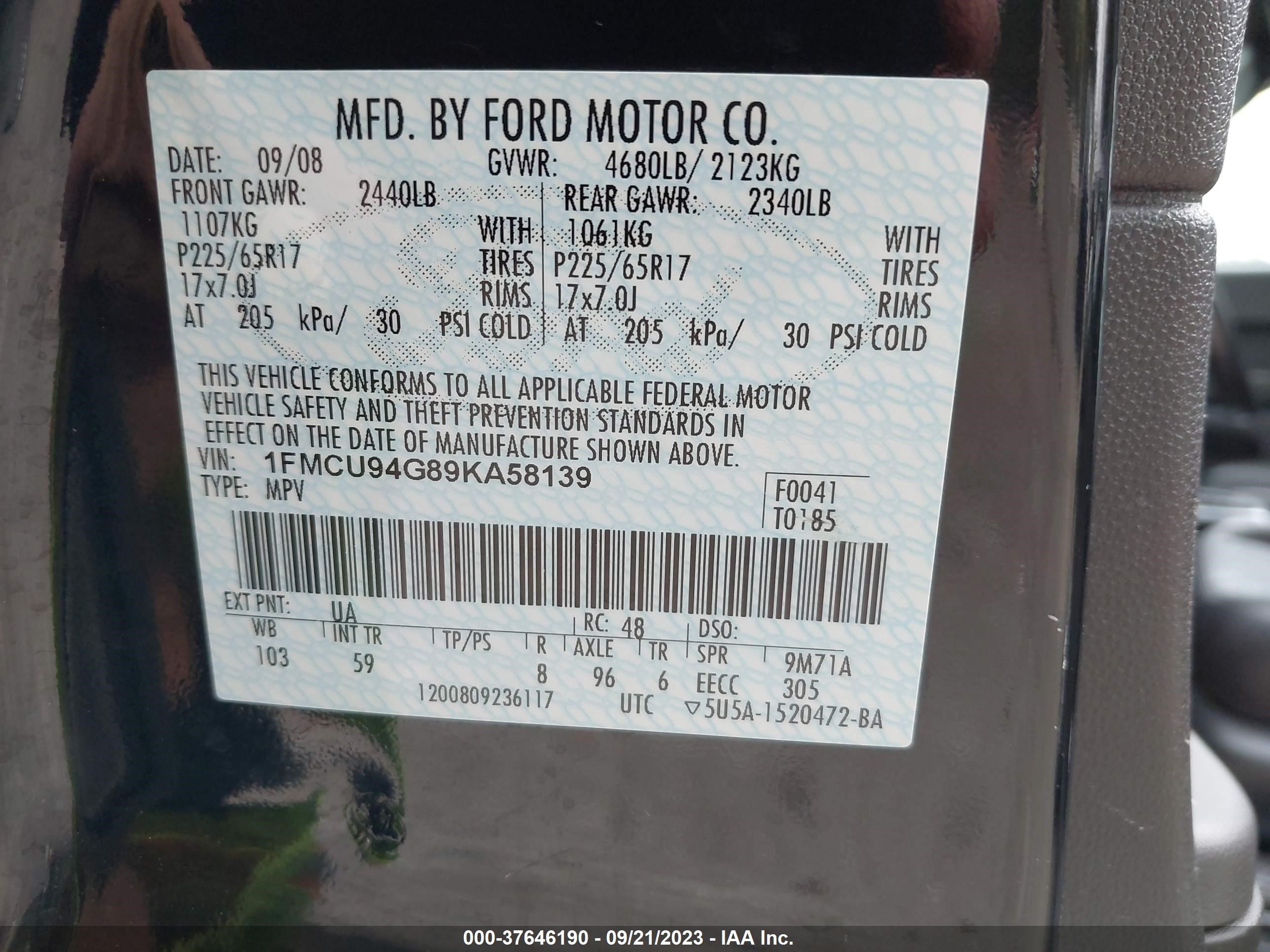 Photo 8 VIN: 1FMCU94G89KA58139 - FORD ESCAPE 