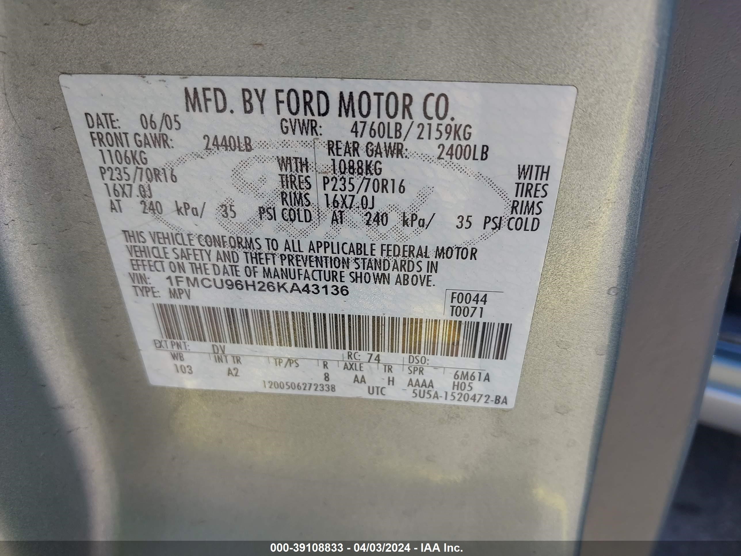 Photo 8 VIN: 1FMCU96H26KA43136 - FORD ESCAPE 