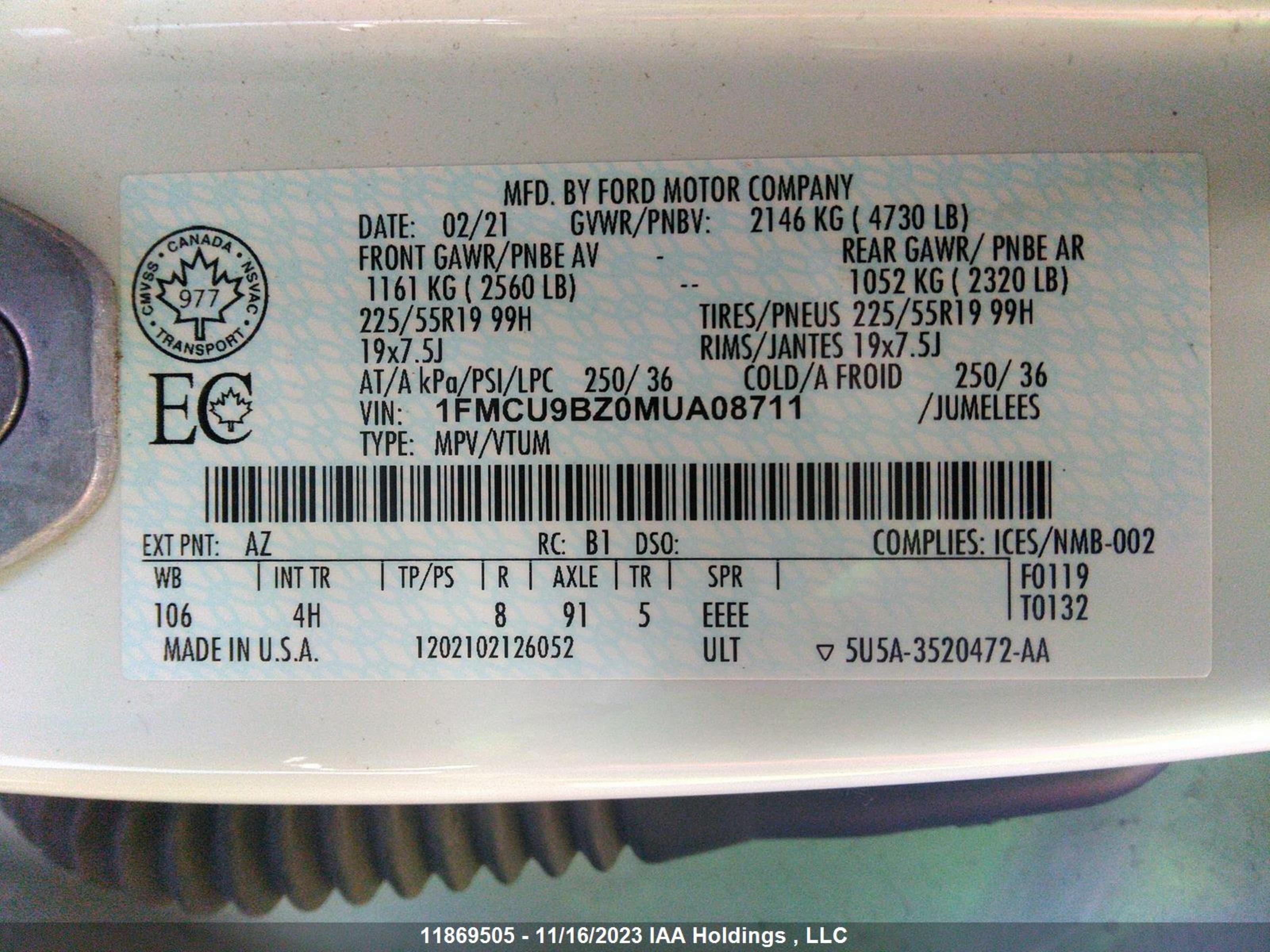 Photo 8 VIN: 1FMCU9BZ0MUA08711 - FORD ESCAPE 