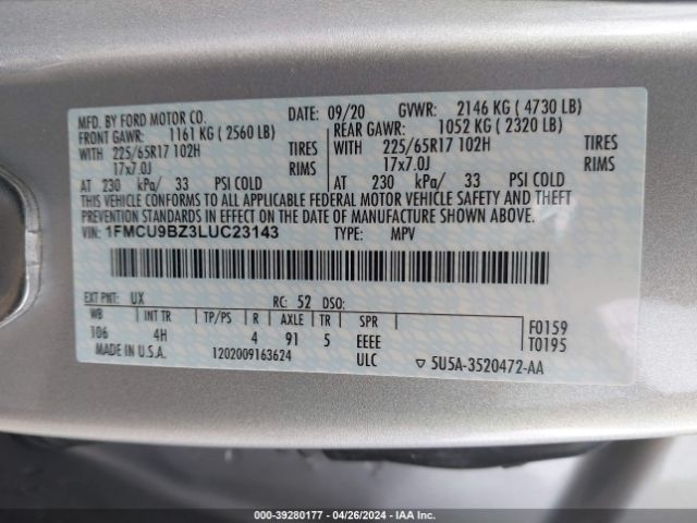 Photo 8 VIN: 1FMCU9BZ3LUC23143 - FORD ESCAPE 