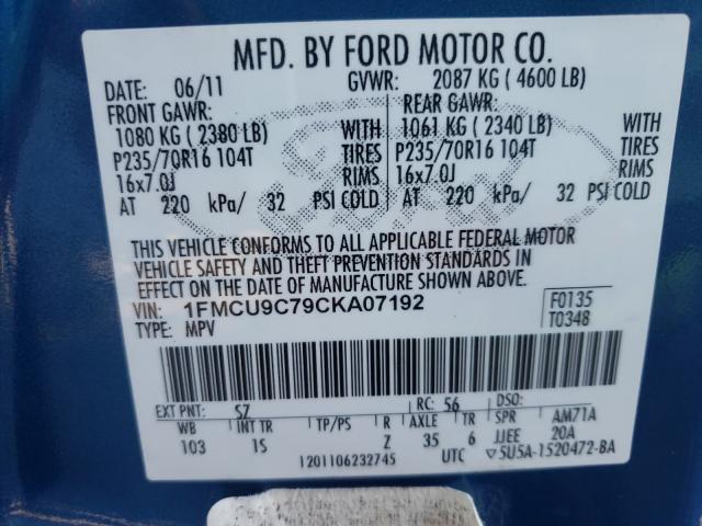 Photo 9 VIN: 1FMCU9C79CKA07192 - FORD ESCAPE XLS 