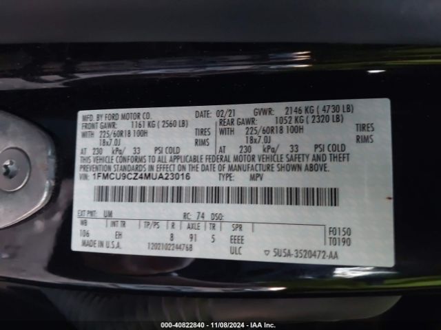 Photo 8 VIN: 1FMCU9CZ4MUA23016 - FORD ESCAPE 