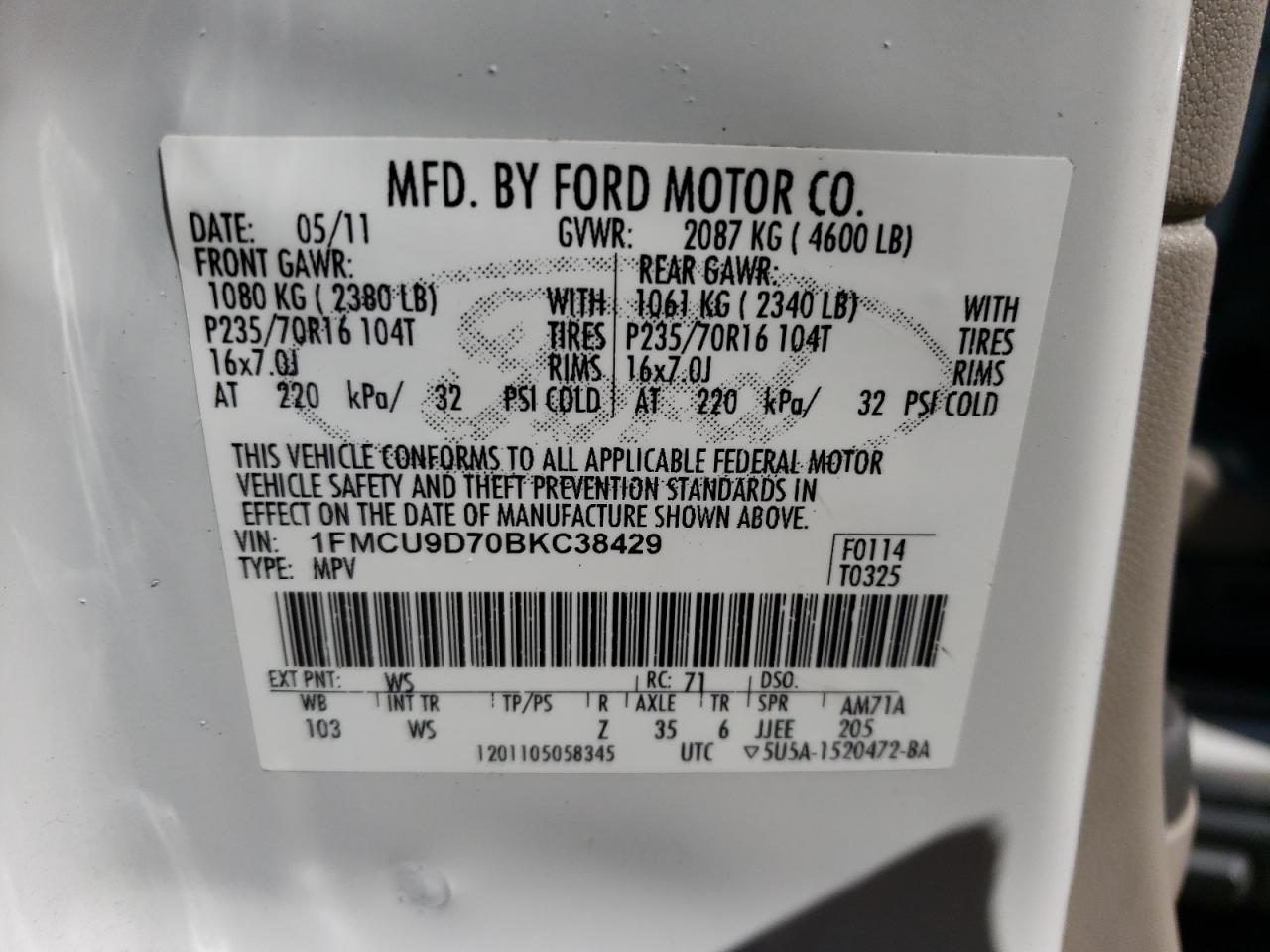 Photo 11 VIN: 1FMCU9D70BKC38429 - FORD ESCAPE 