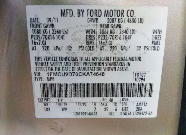 Photo 8 VIN: 1FMCU9D70CKA74648 - FORD ESCAPE 