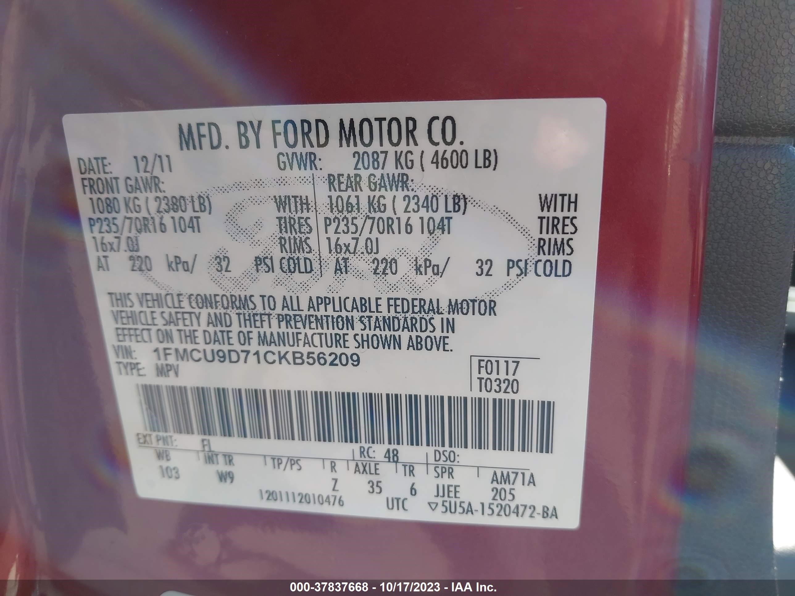 Photo 8 VIN: 1FMCU9D71CKB56209 - FORD ESCAPE 