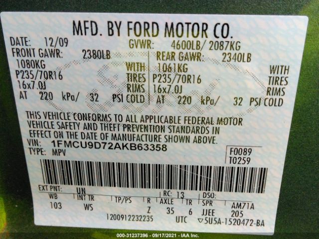 Photo 8 VIN: 1FMCU9D72AKB63358 - FORD ESCAPE 