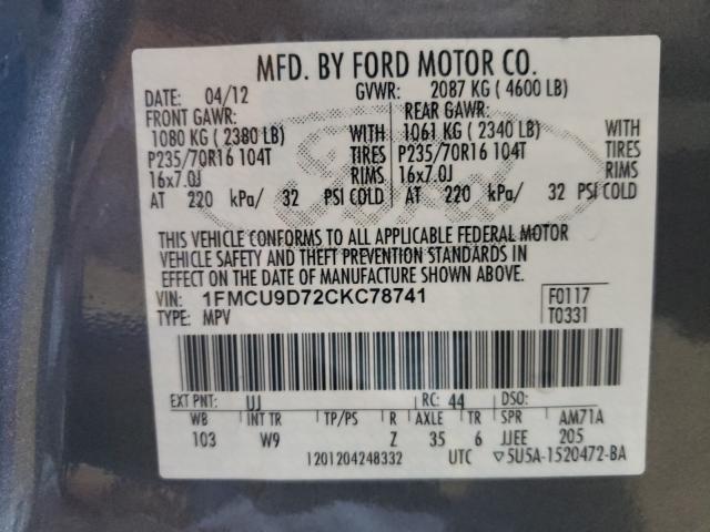 Photo 9 VIN: 1FMCU9D72CKC78741 - FORD ESCAPE XLT 