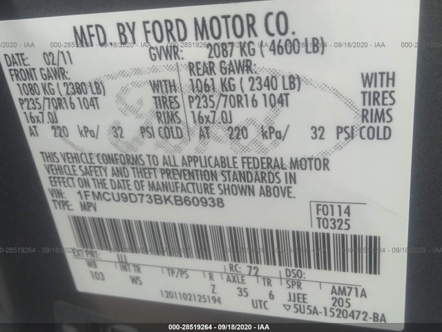 Photo 8 VIN: 1FMCU9D73BKB60938 - FORD ESCAPE 