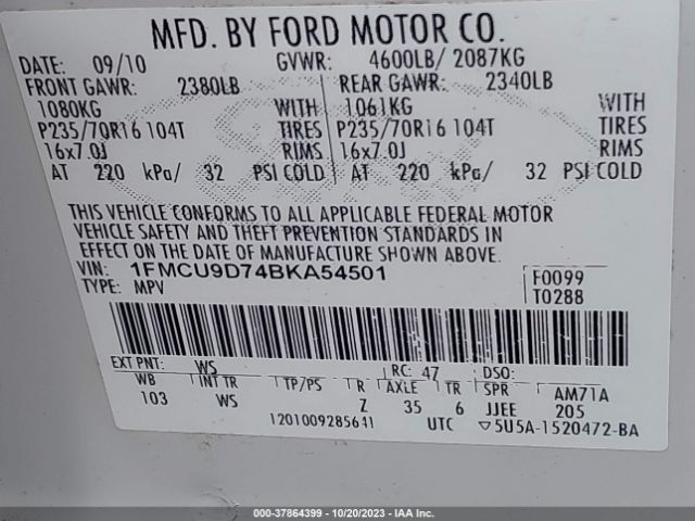 Photo 8 VIN: 1FMCU9D74BKA54501 - FORD ESCAPE 