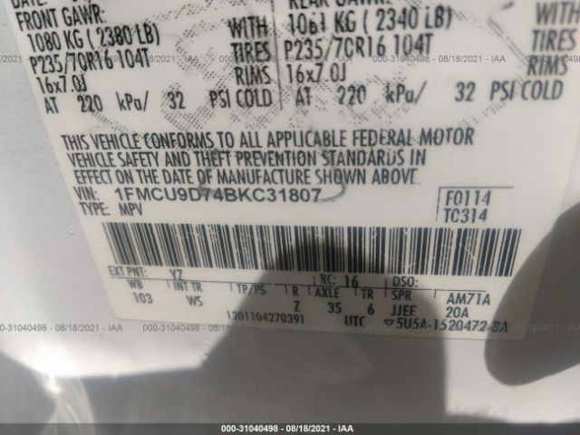 Photo 8 VIN: 1FMCU9D74BKC31807 - FORD ESCAPE 