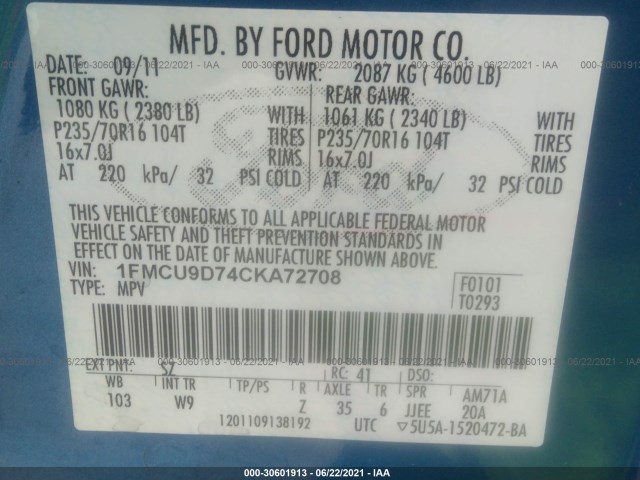 Photo 8 VIN: 1FMCU9D74CKA72708 - FORD ESCAPE 