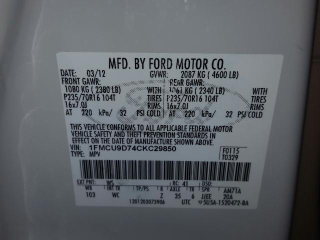 Photo 9 VIN: 1FMCU9D74CKC29850 - FORD ESCAPE XLT 