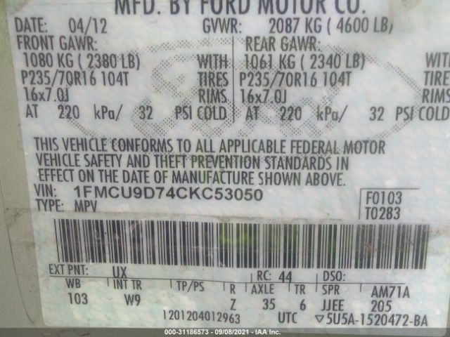 Photo 8 VIN: 1FMCU9D74CKC53050 - FORD ESCAPE 