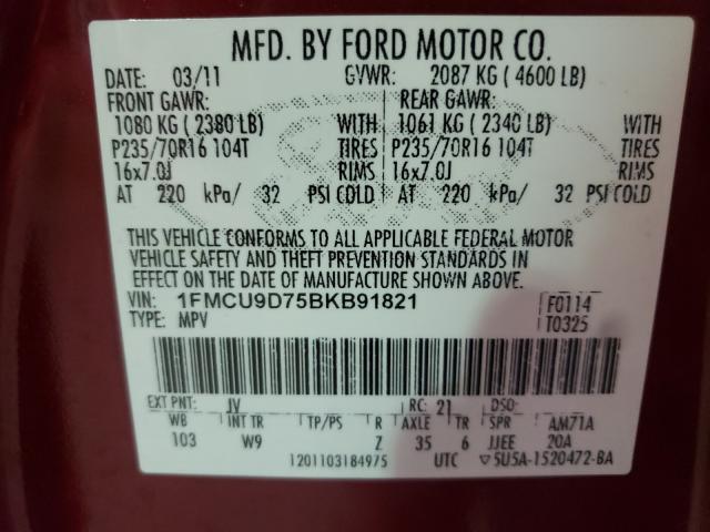 Photo 9 VIN: 1FMCU9D75BKB91821 - FORD ESCAPE XLT 